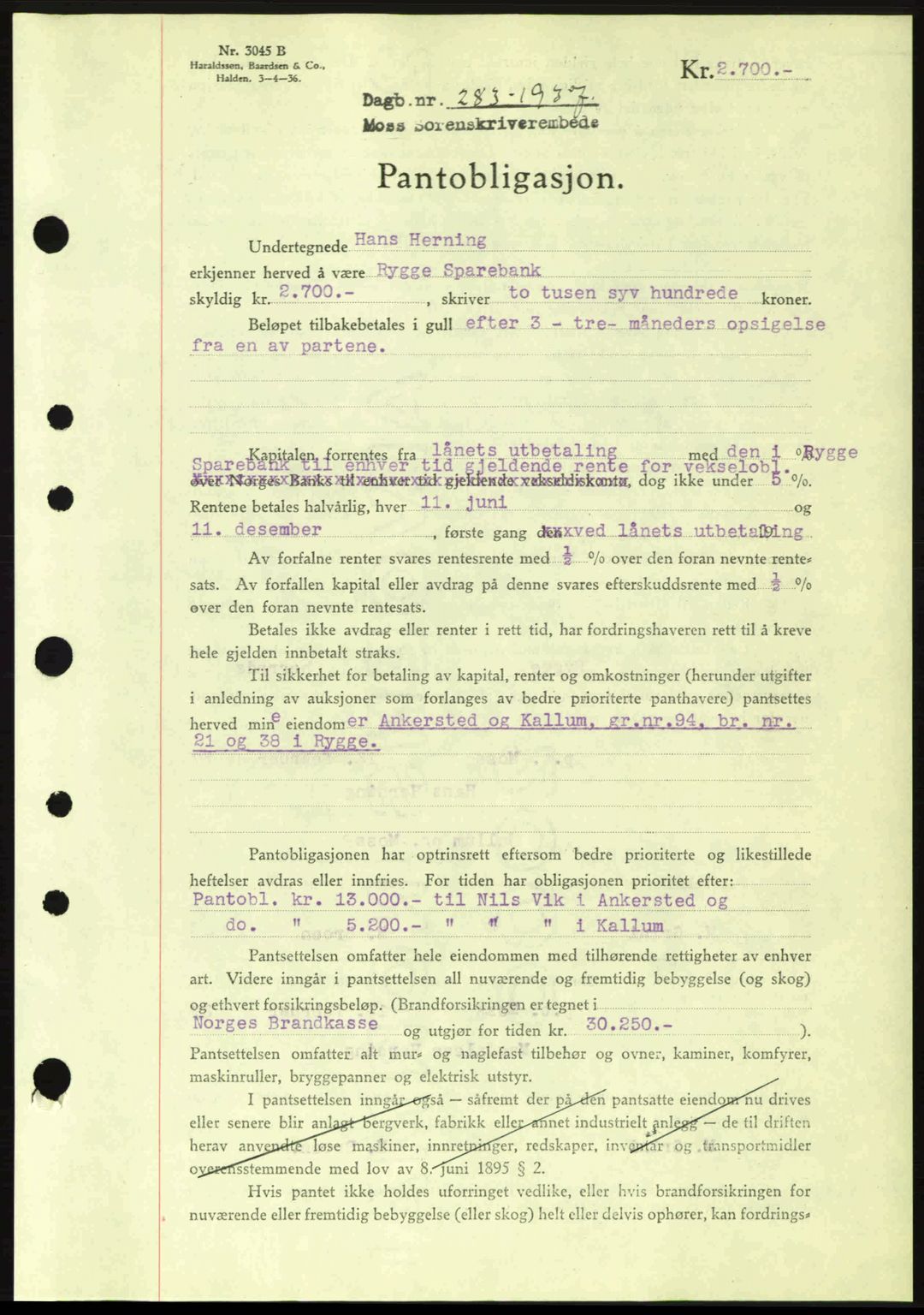 Moss sorenskriveri, SAO/A-10168: Pantebok nr. B3, 1937-1937, Dagboknr: 283/1937