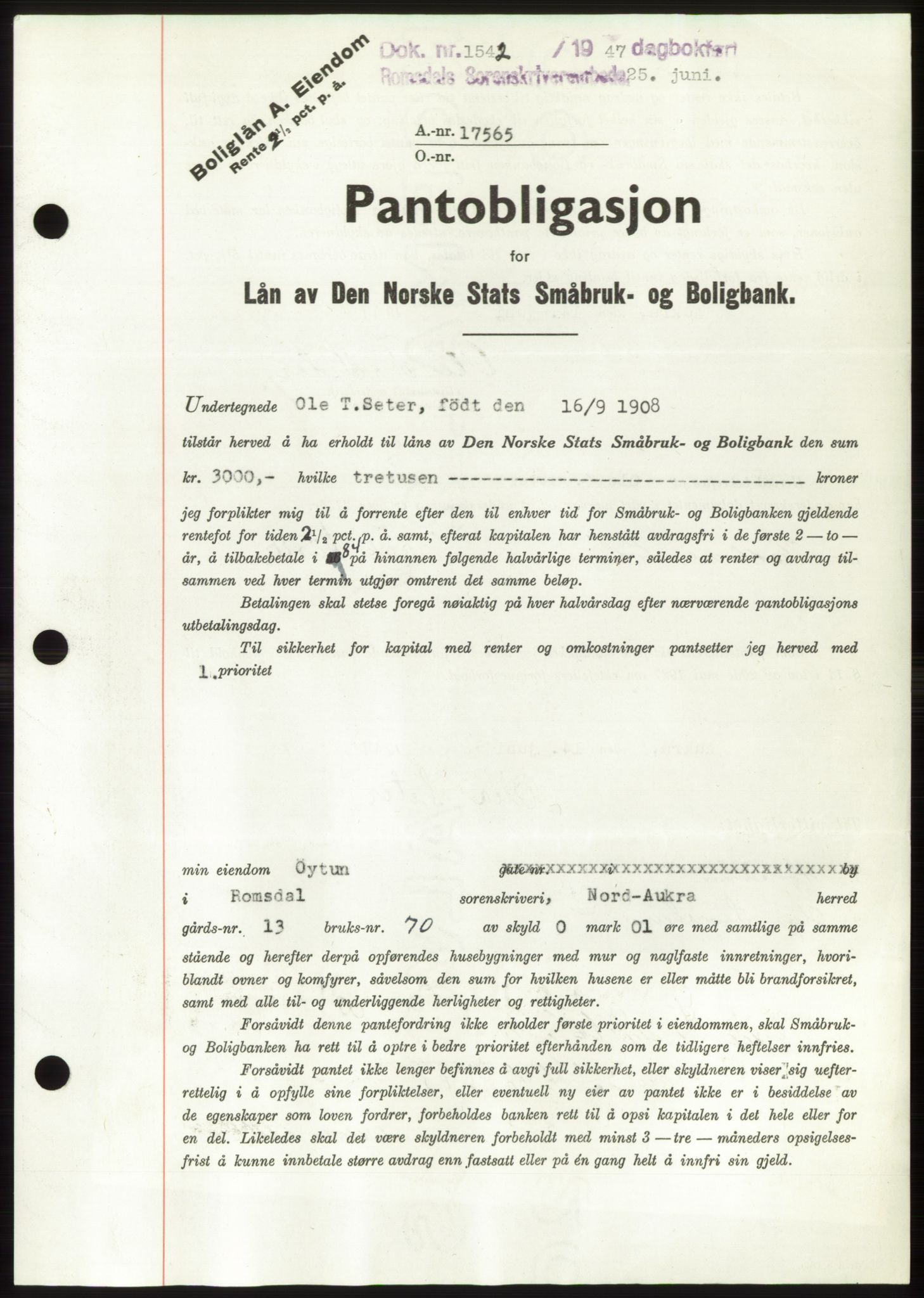 Romsdal sorenskriveri, SAT/A-4149/1/2/2C: Pantebok nr. B3, 1946-1948, Dagboknr: 1542/1947