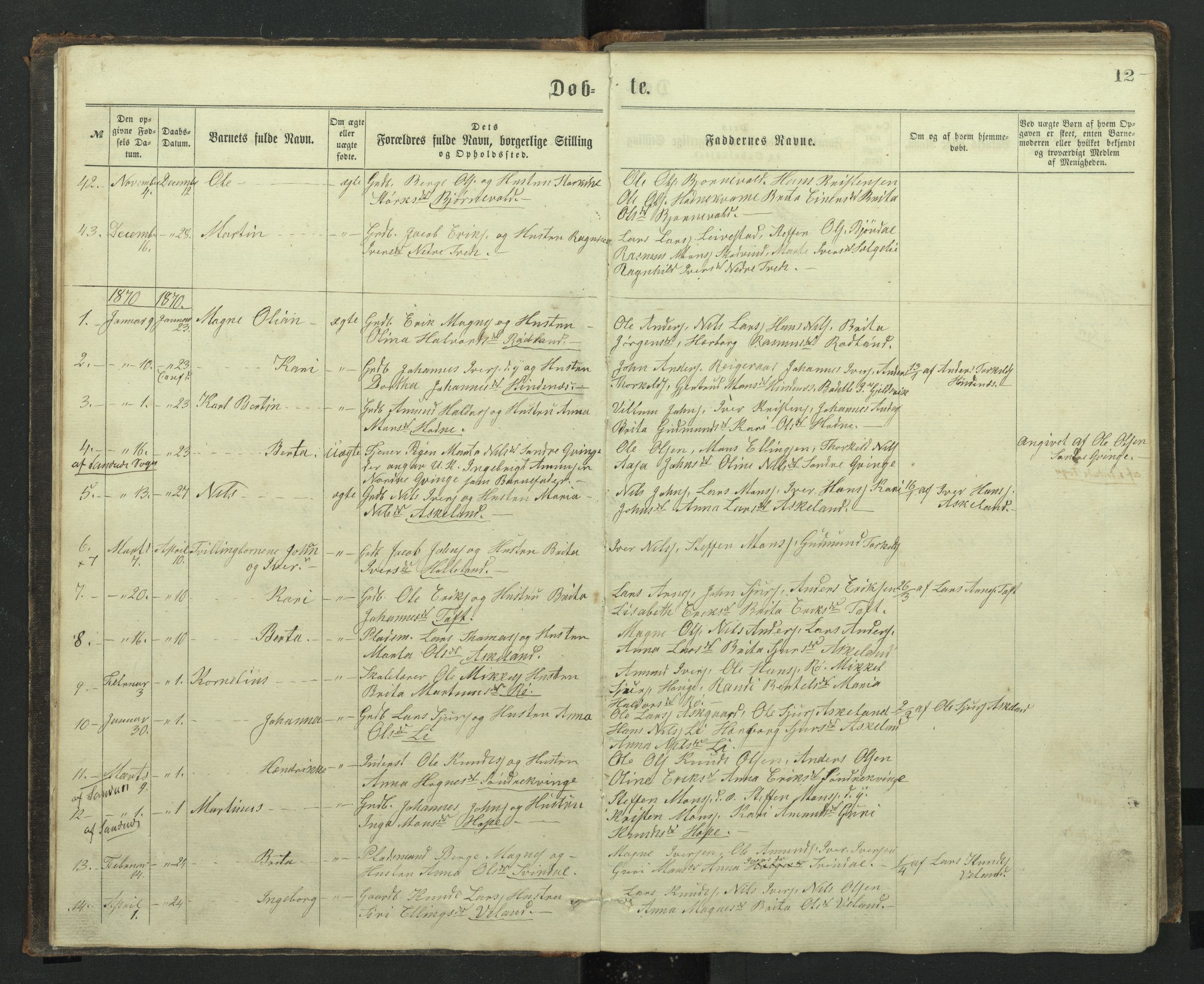 Lindås Sokneprestembete, AV/SAB-A-76701/H/Hab/Habe/L0002: Klokkerbok nr. E 2, 1867-1892, s. 11b-12a