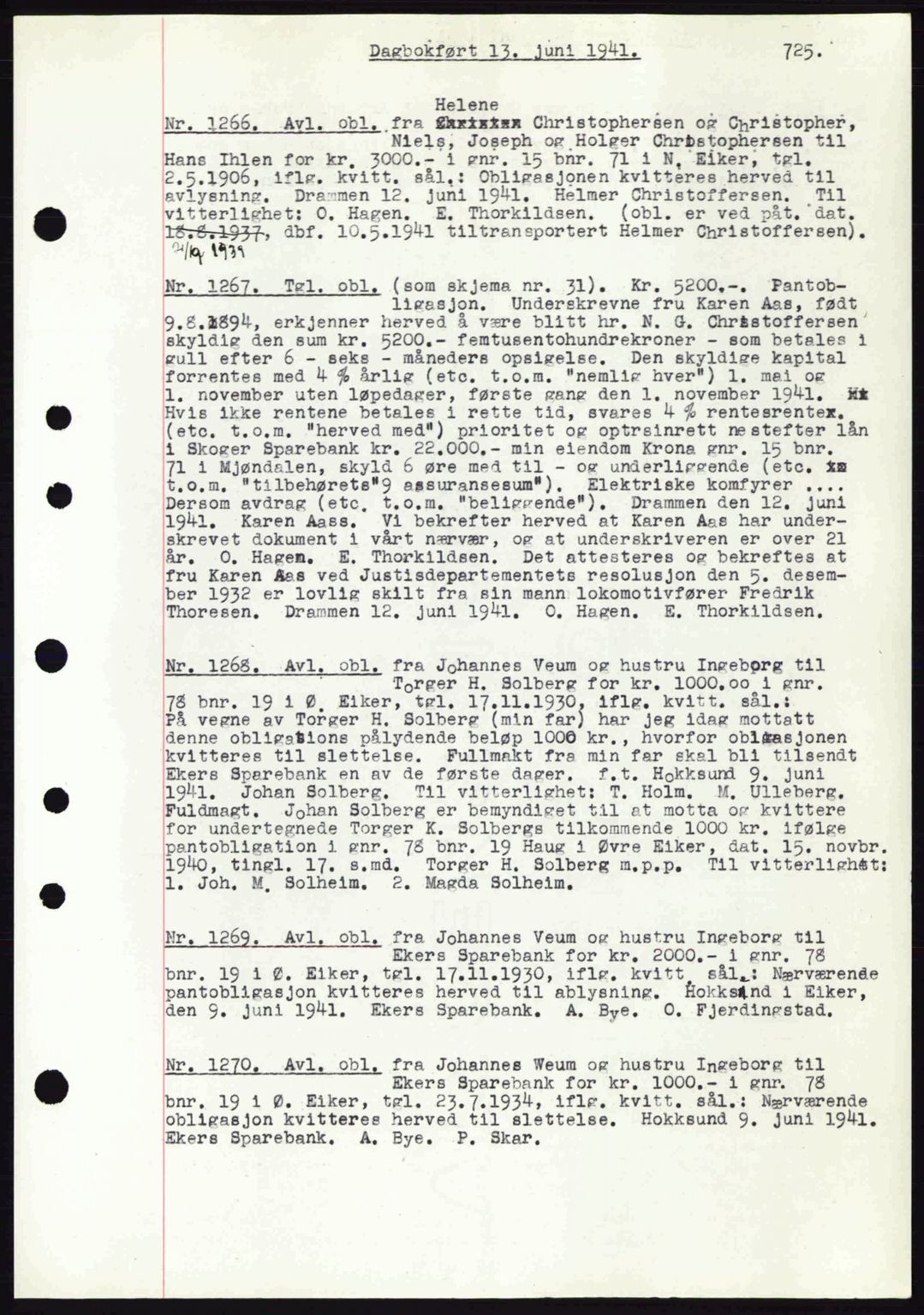 Eiker, Modum og Sigdal sorenskriveri, SAKO/A-123/G/Ga/Gab/L0043: Pantebok nr. A13, 1940-1941, Dagboknr: 1266/1941
