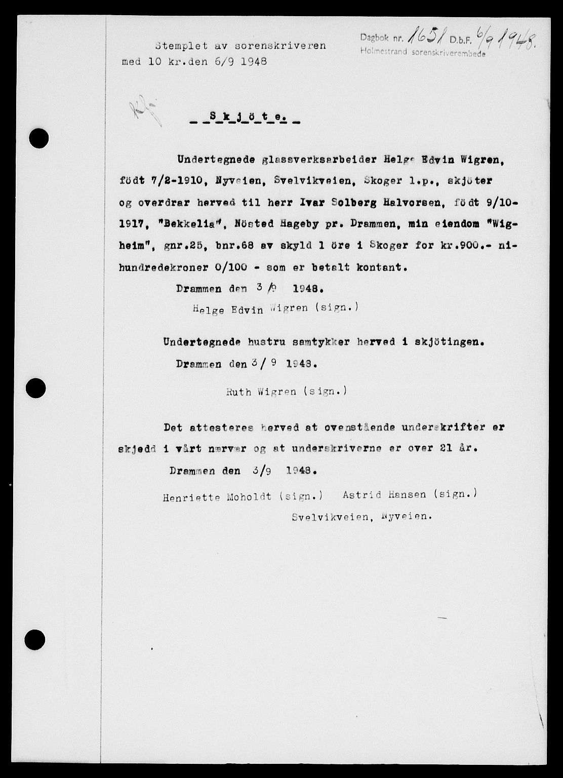 Holmestrand sorenskriveri, SAKO/A-67/G/Ga/Gaa/L0064: Pantebok nr. A-64, 1948-1948, Dagboknr: 1651/1948