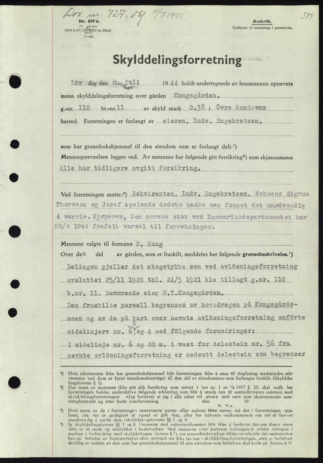 Numedal og Sandsvær sorenskriveri, SAKO/A-128/G/Ga/Gaa/L0055: Pantebok nr. A7, 1943-1944, Dagboknr: 727/1944