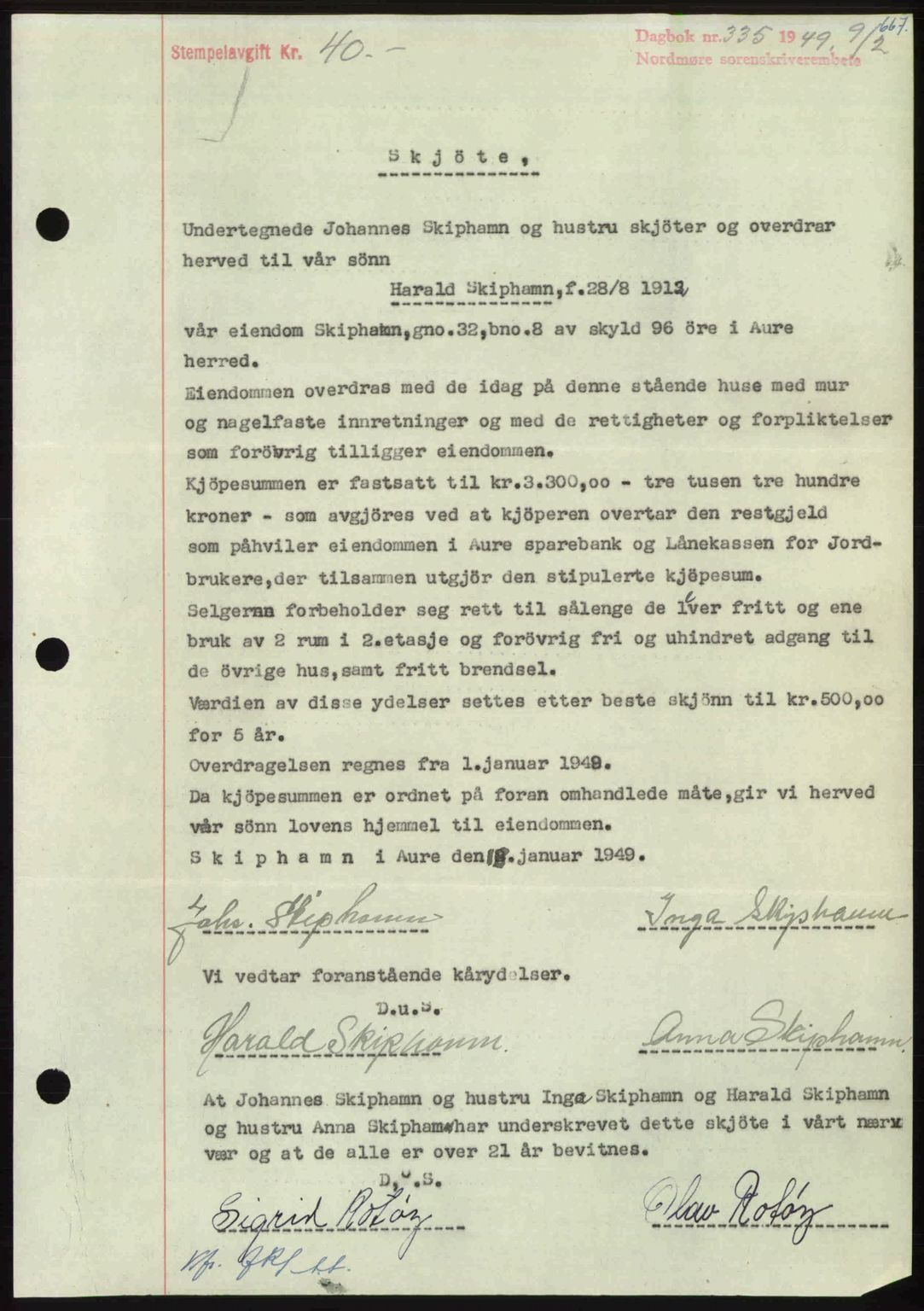 Nordmøre sorenskriveri, SAT/A-4132/1/2/2Ca: Pantebok nr. A110, 1948-1949, Dagboknr: 335/1949