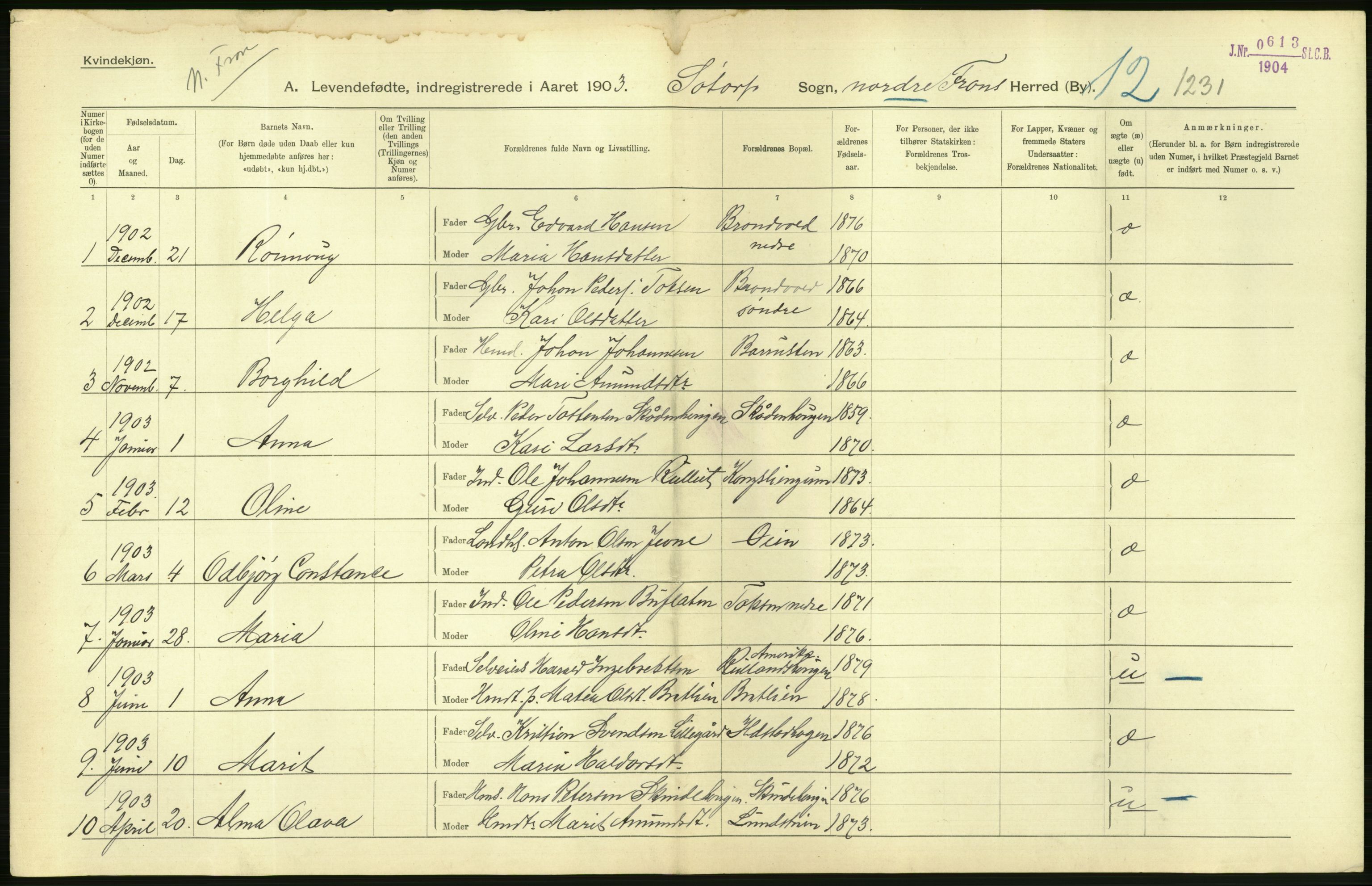 Statistisk sentralbyrå, Sosiodemografiske emner, Befolkning, AV/RA-S-2228/D/Df/Dfa/Dfaa/L0006: Kristians amt: Fødte, gifte, døde, 1903, s. 48