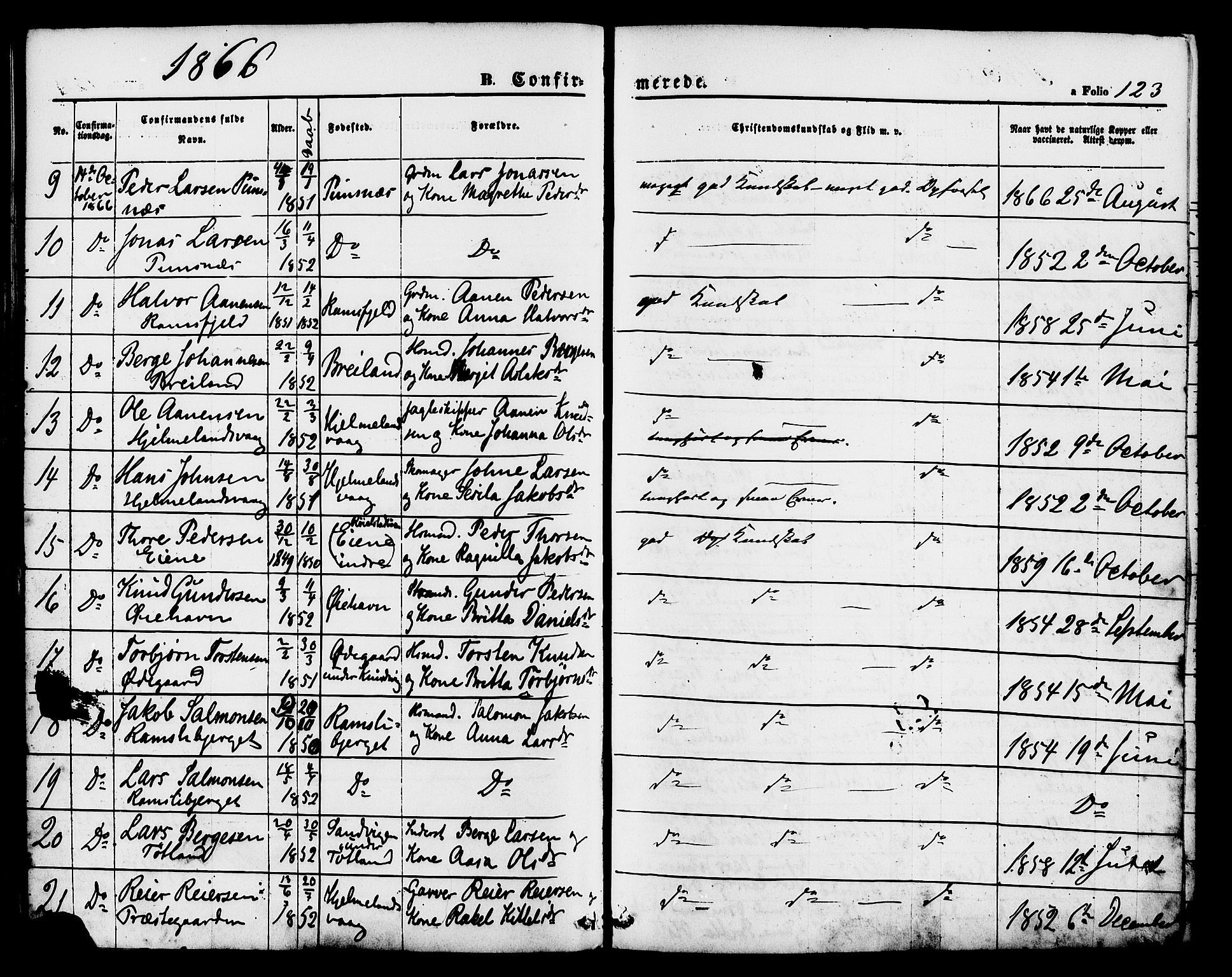 Hjelmeland sokneprestkontor, AV/SAST-A-101843/01/IV/L0011: Ministerialbok nr. A 11, 1861-1878, s. 123