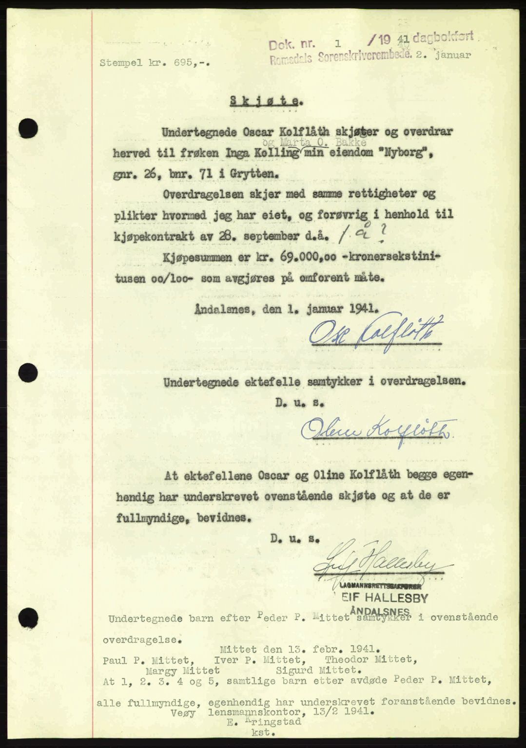 Romsdal sorenskriveri, SAT/A-4149/1/2/2C: Pantebok nr. A9, 1940-1941, Dagboknr: 1/1941