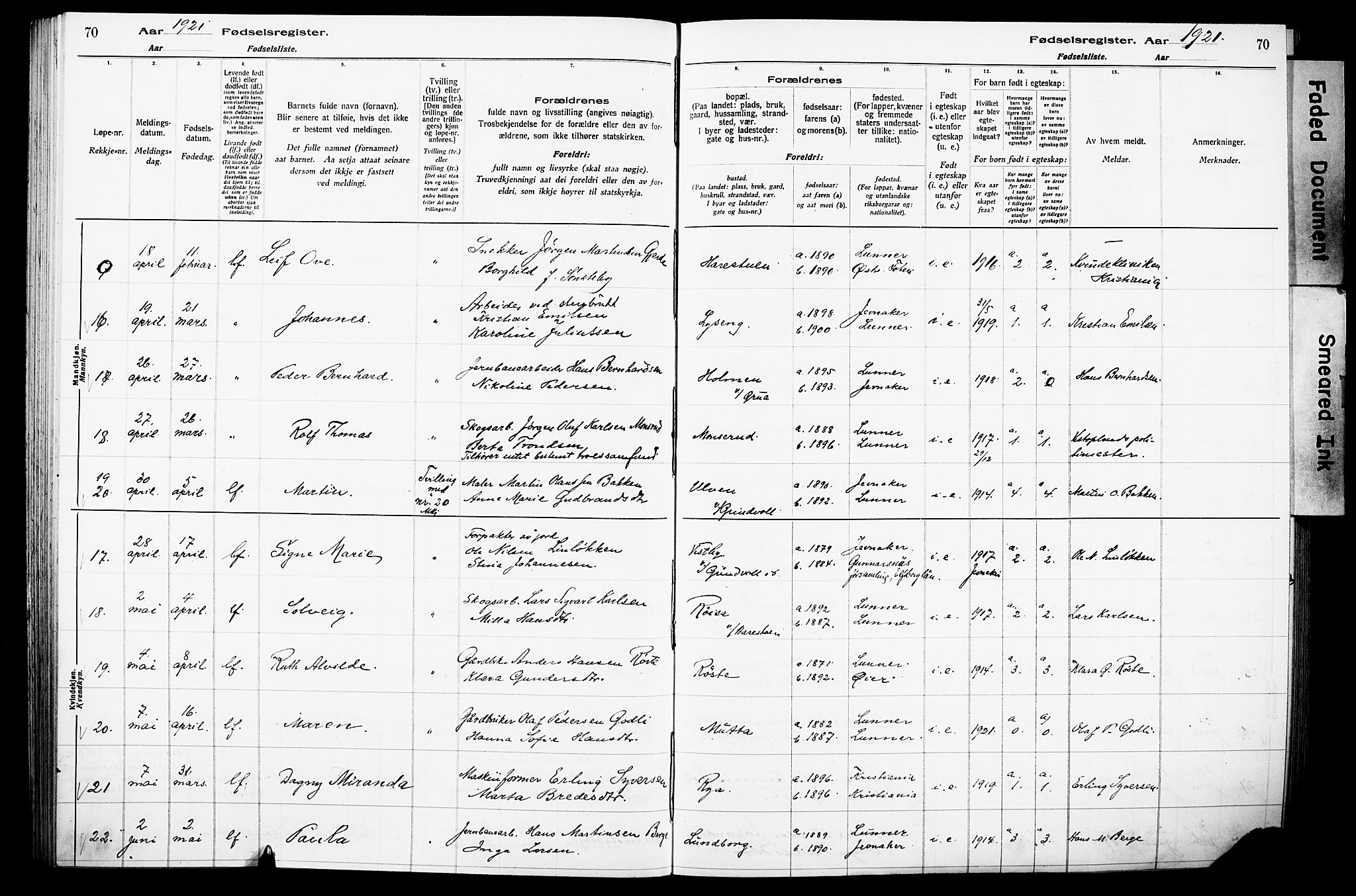 Lunner prestekontor, AV/SAH-PREST-118/I/Id/L0001: Fødselsregister nr. 1, 1916-1932, s. 70