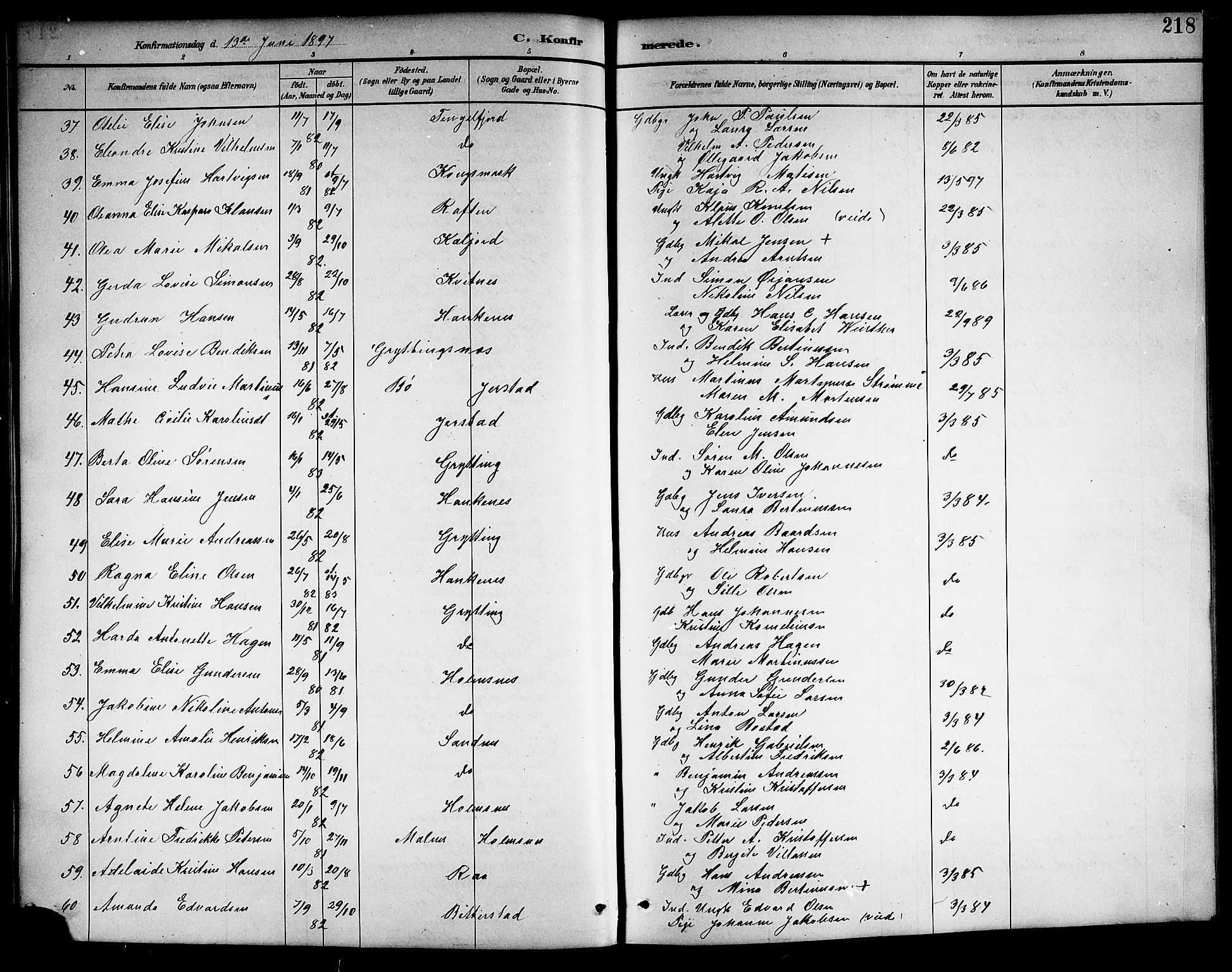 Ministerialprotokoller, klokkerbøker og fødselsregistre - Nordland, AV/SAT-A-1459/888/L1268: Klokkerbok nr. 888C06, 1891-1908, s. 218