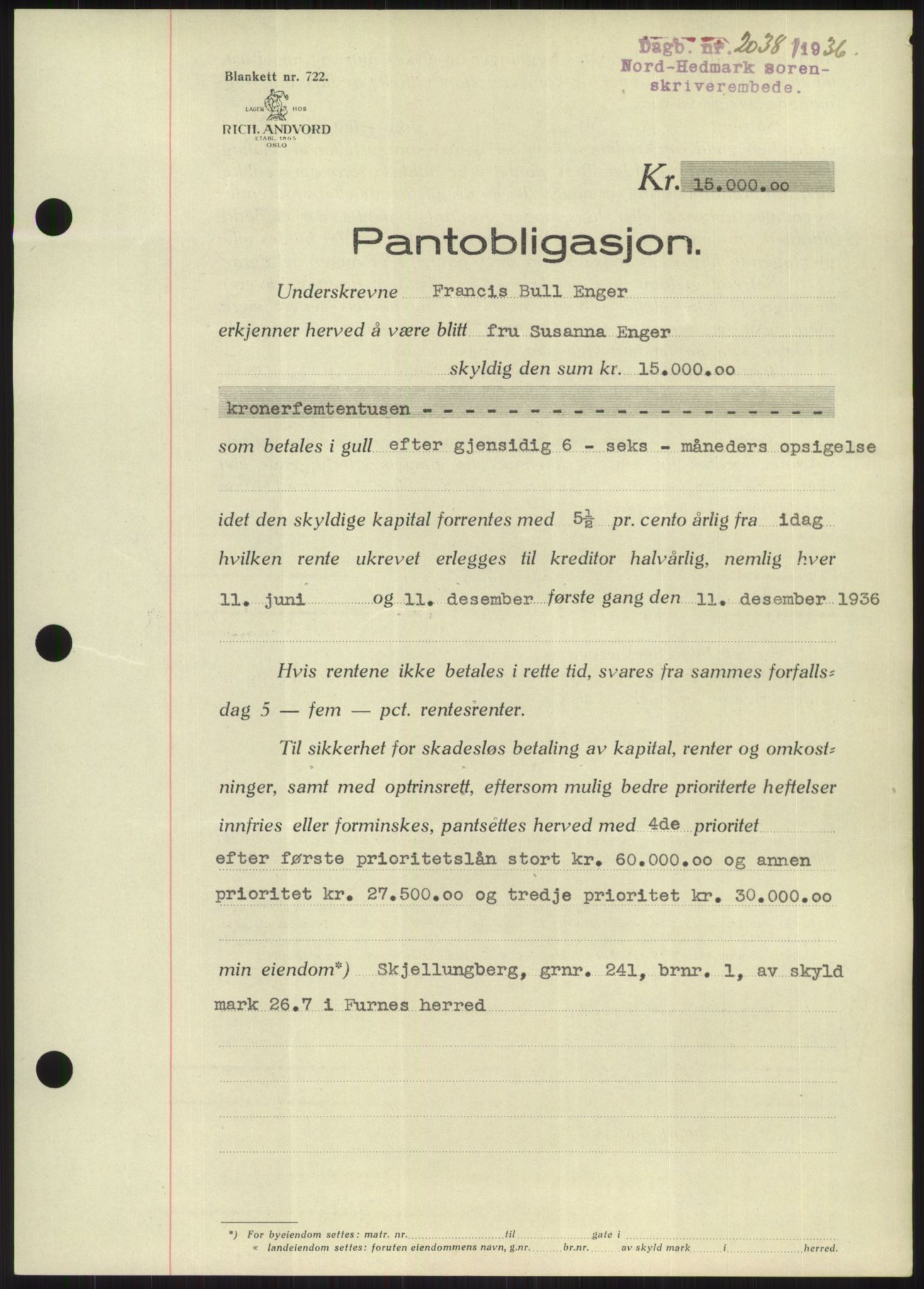 Nord-Hedmark sorenskriveri, SAH/TING-012/H/Hb/Hbf/L0001: Pantebok nr. B1, 1936-1936, Dagboknr: 2038/1936