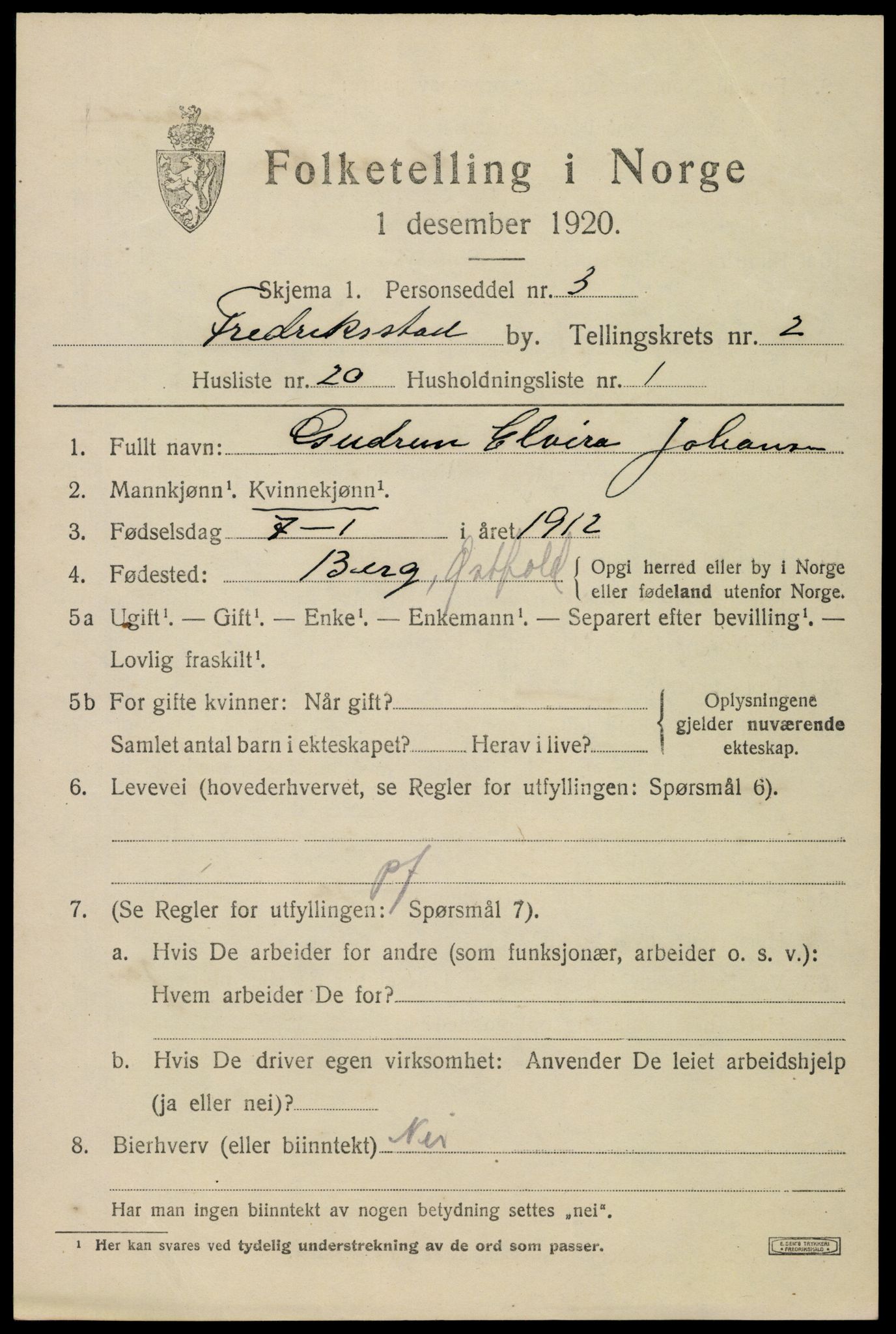 SAO, Folketelling 1920 for 0103 Fredrikstad kjøpstad, 1920, s. 13891