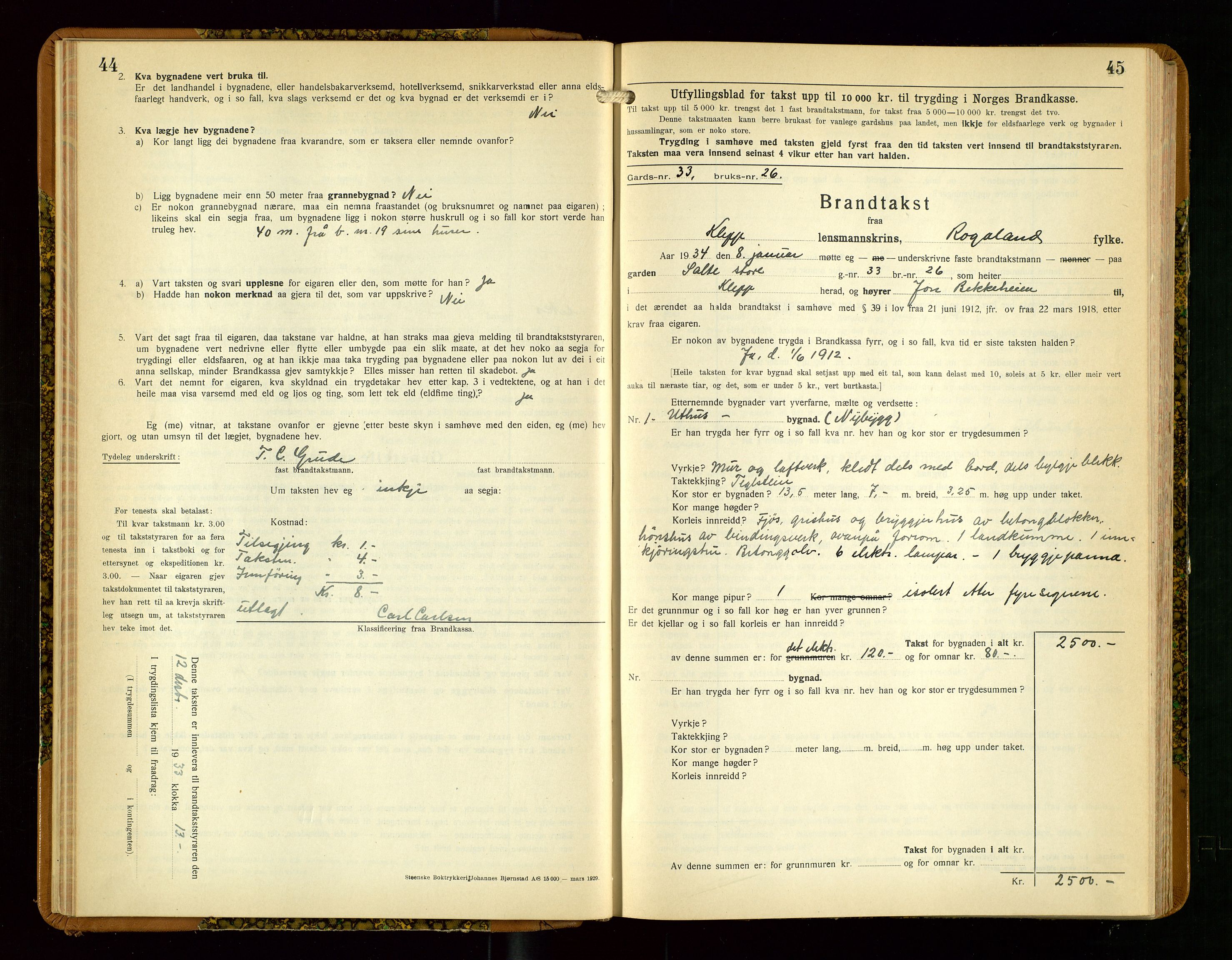 Klepp lensmannskontor, SAST/A-100163/Goc/L0013: "Brandtakstbok" m/register, 1933-1937, s. 44-45