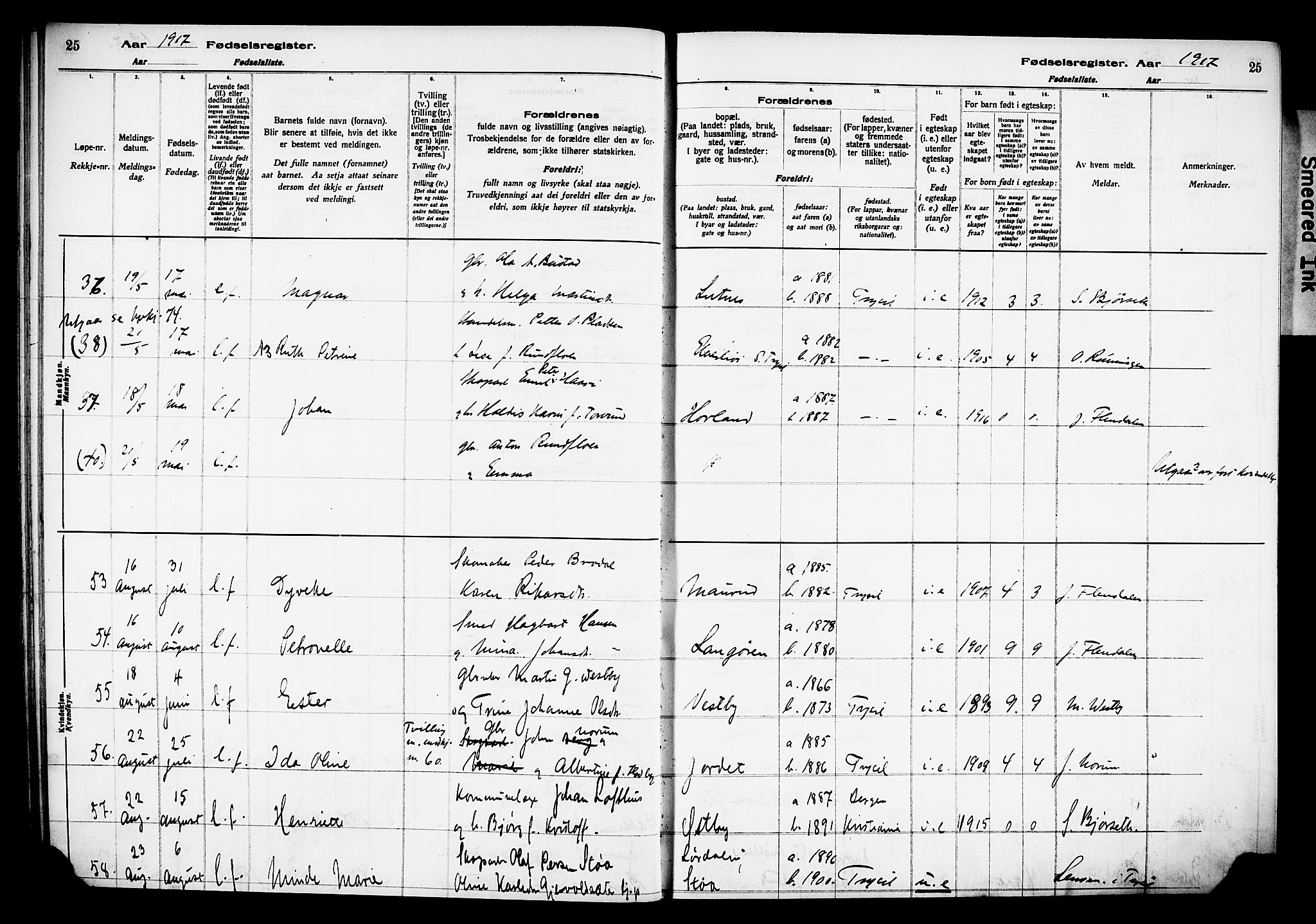 Trysil prestekontor, AV/SAH-PREST-046/I/Id/Ida/L0001: Fødselsregister nr. I 1, 1916-1927, s. 25