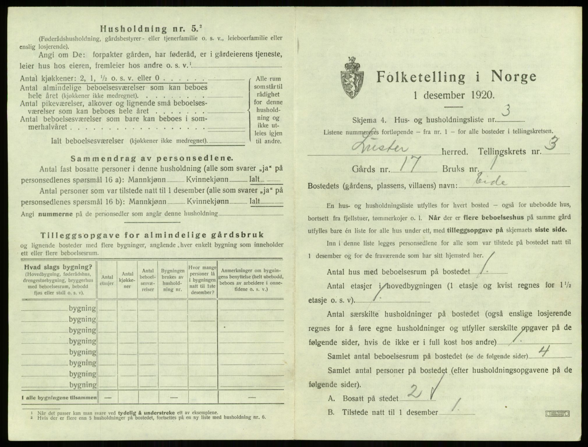 SAB, Folketelling 1920 for 1426 Luster herred, 1920, s. 252