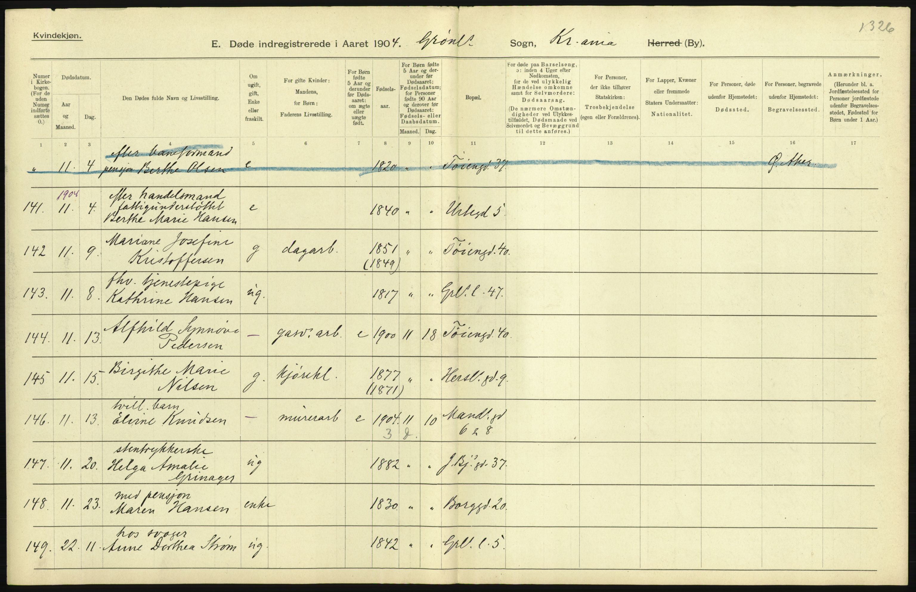 Statistisk sentralbyrå, Sosiodemografiske emner, Befolkning, AV/RA-S-2228/D/Df/Dfa/Dfab/L0004: Kristiania: Gifte, døde, 1904, s. 633