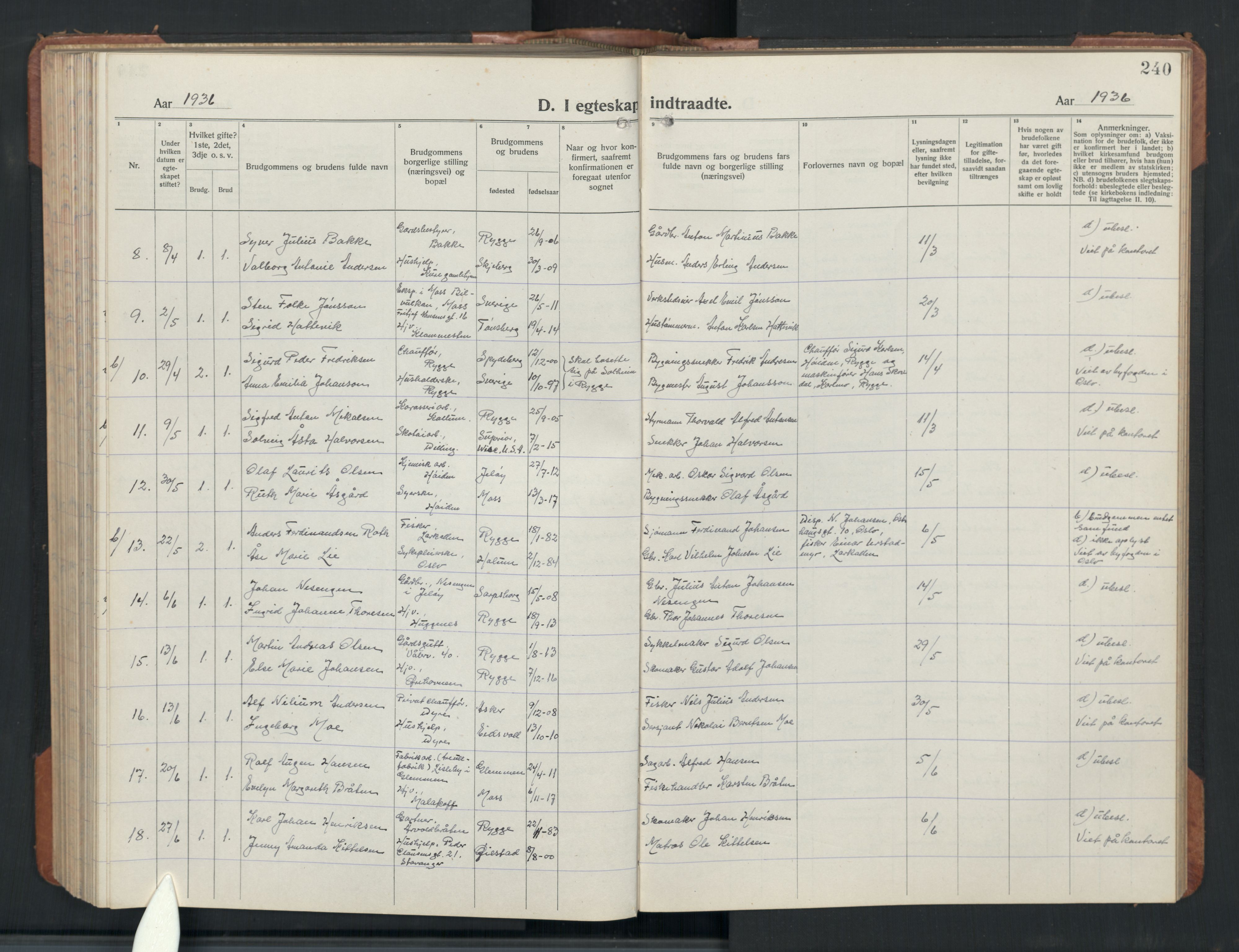 Rygge prestekontor Kirkebøker, AV/SAO-A-10084b/G/Ga/L0004: Klokkerbok nr. 4, 1922-1953, s. 240
