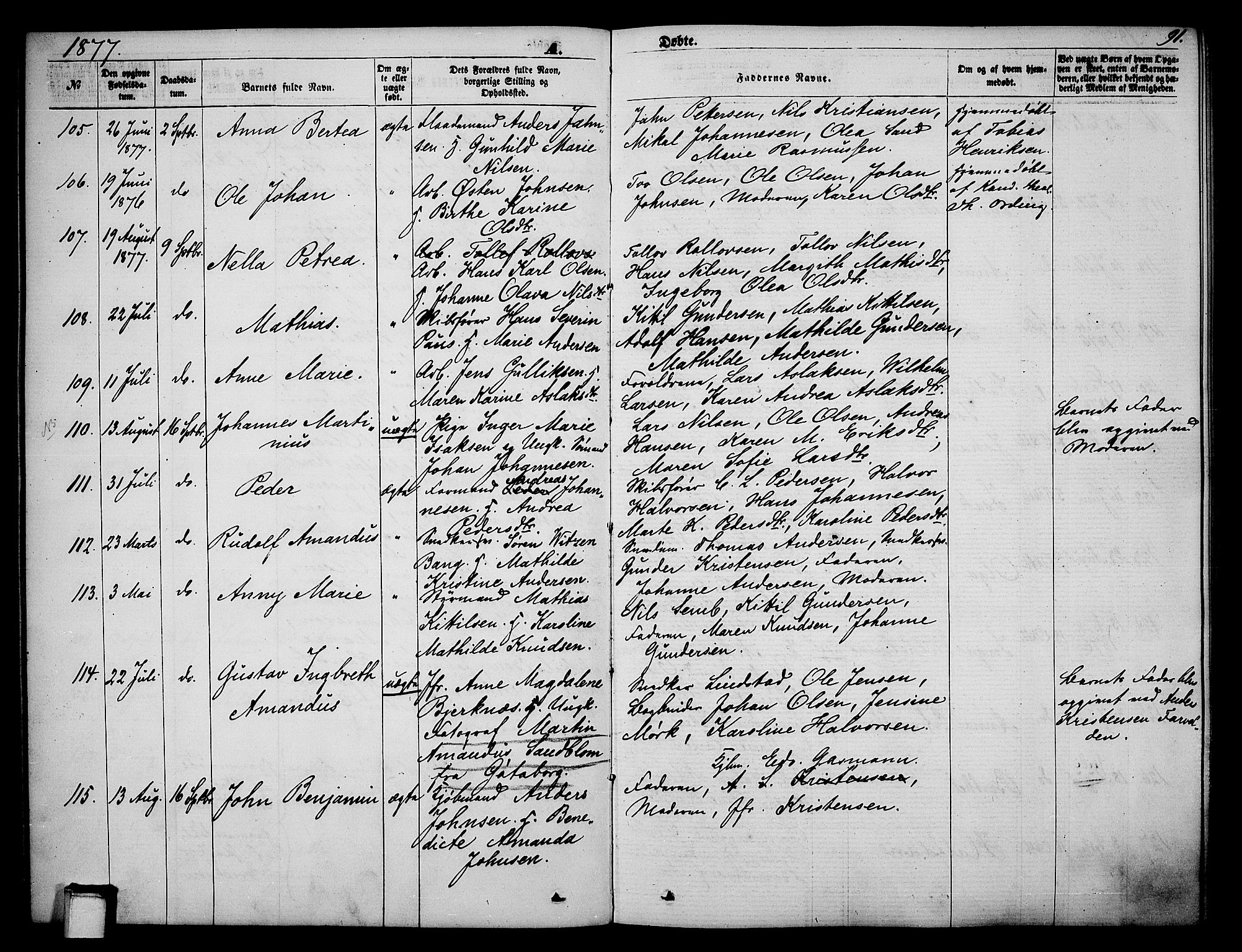 Skien kirkebøker, AV/SAKO-A-302/G/Ga/L0005: Klokkerbok nr. 5, 1868-1880, s. 91