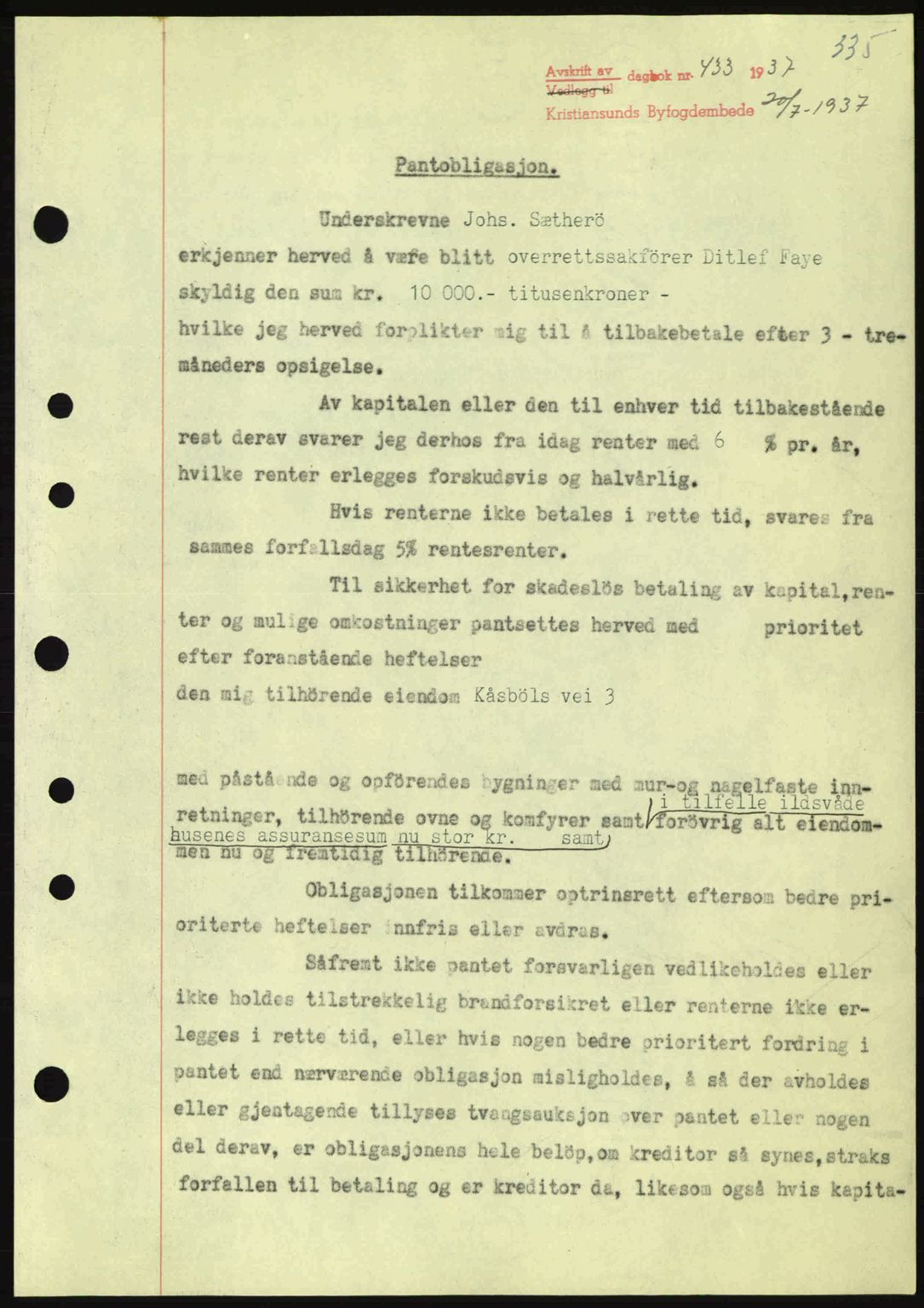Kristiansund byfogd, AV/SAT-A-4587/A/27: Pantebok nr. 30, 1936-1941, Dagboknr: 433/1937