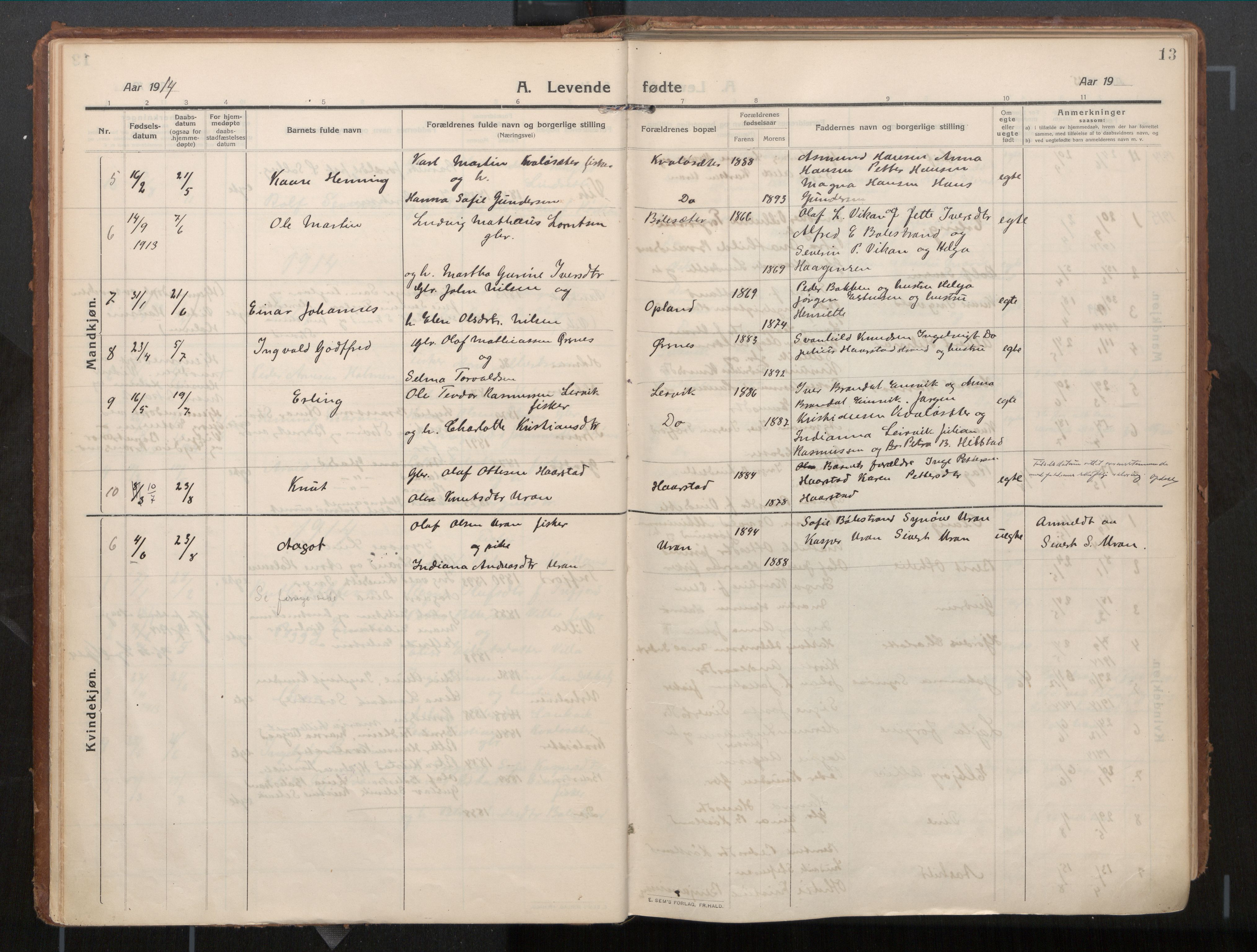 Ministerialprotokoller, klokkerbøker og fødselsregistre - Nord-Trøndelag, AV/SAT-A-1458/771/L0598: Ministerialbok nr. 771A05, 1911-1937, s. 13