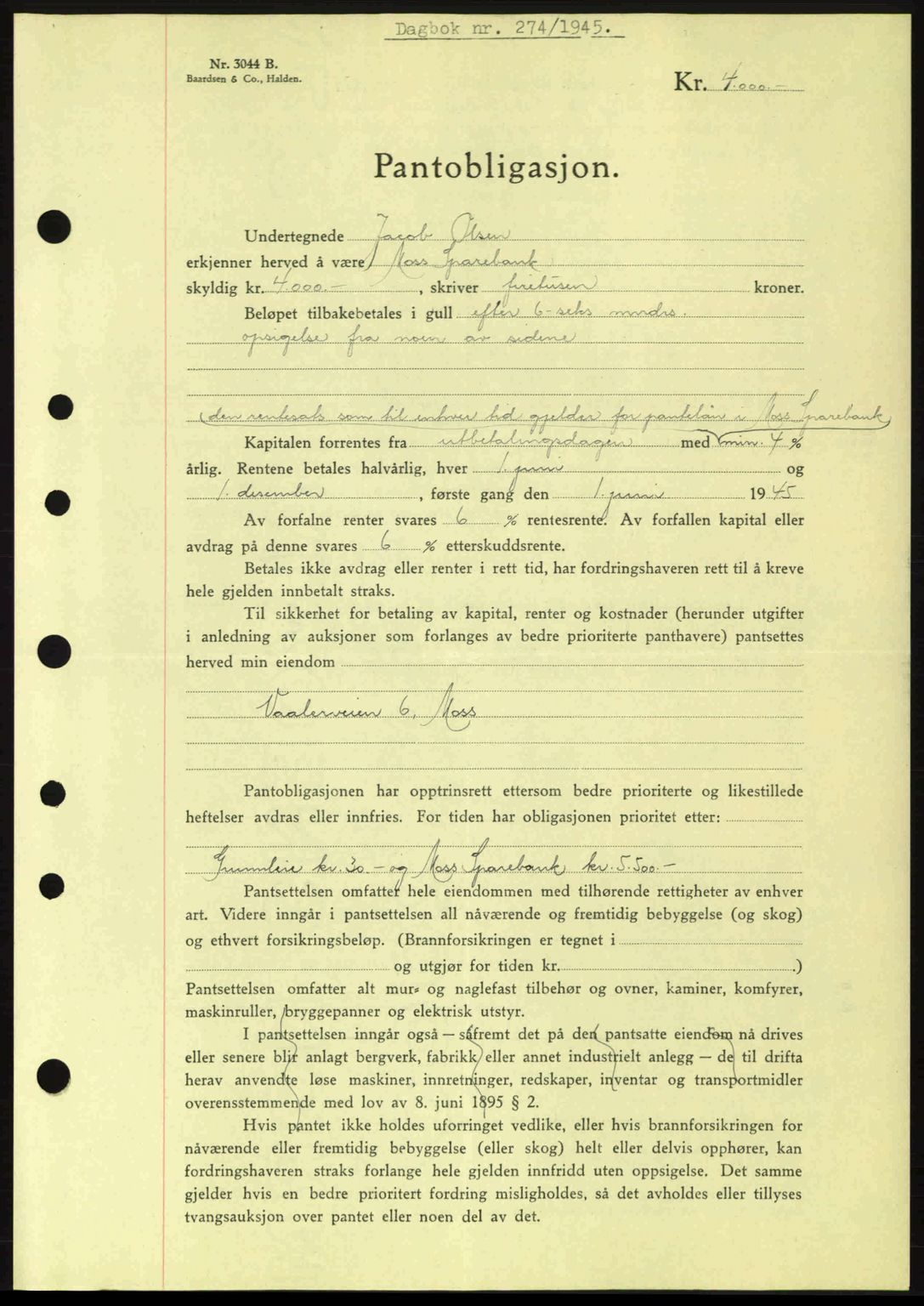 Moss sorenskriveri, SAO/A-10168: Pantebok nr. B13, 1943-1945, Dagboknr: 274/1945