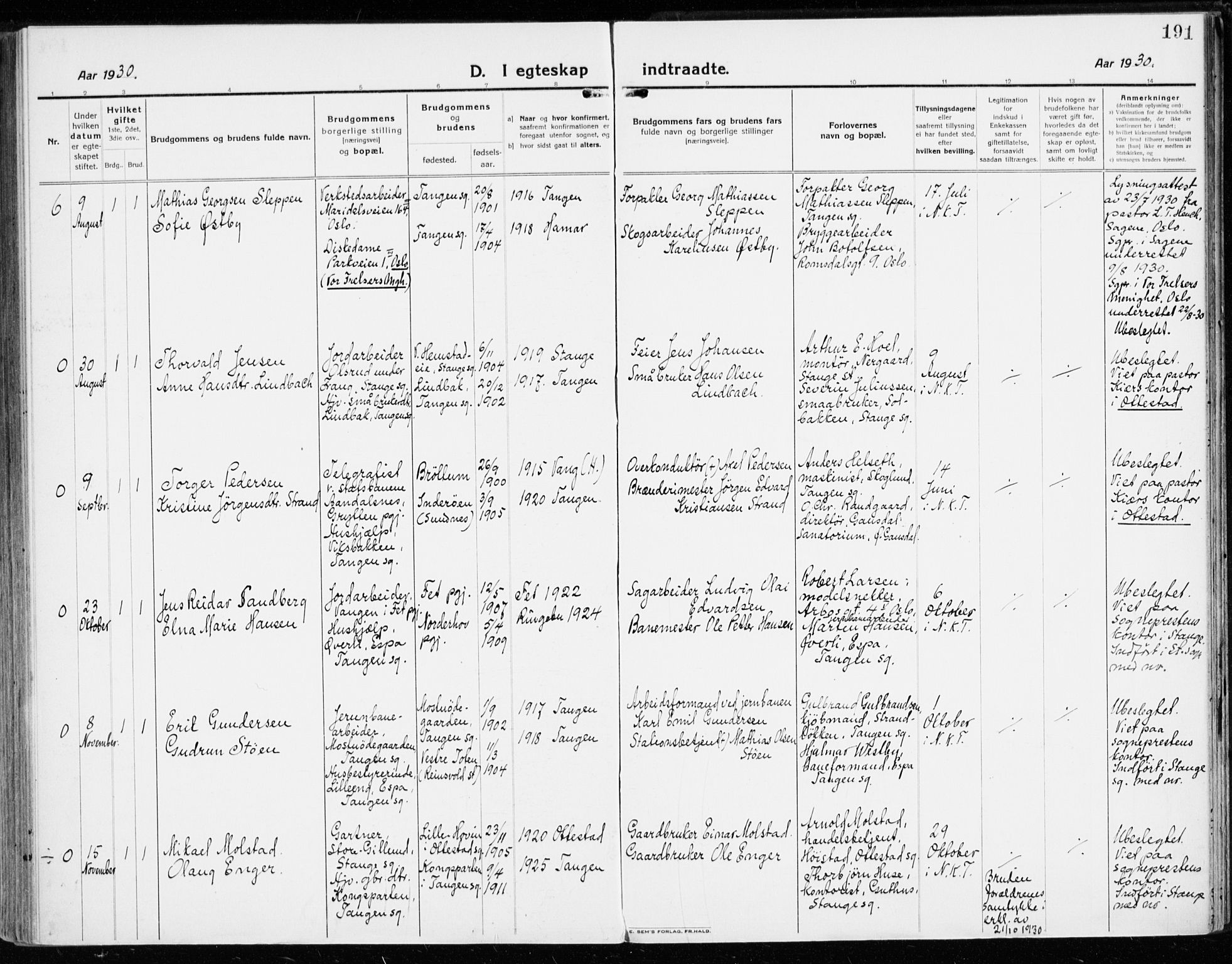 Stange prestekontor, AV/SAH-PREST-002/K/L0025: Ministerialbok nr. 25, 1921-1945, s. 191