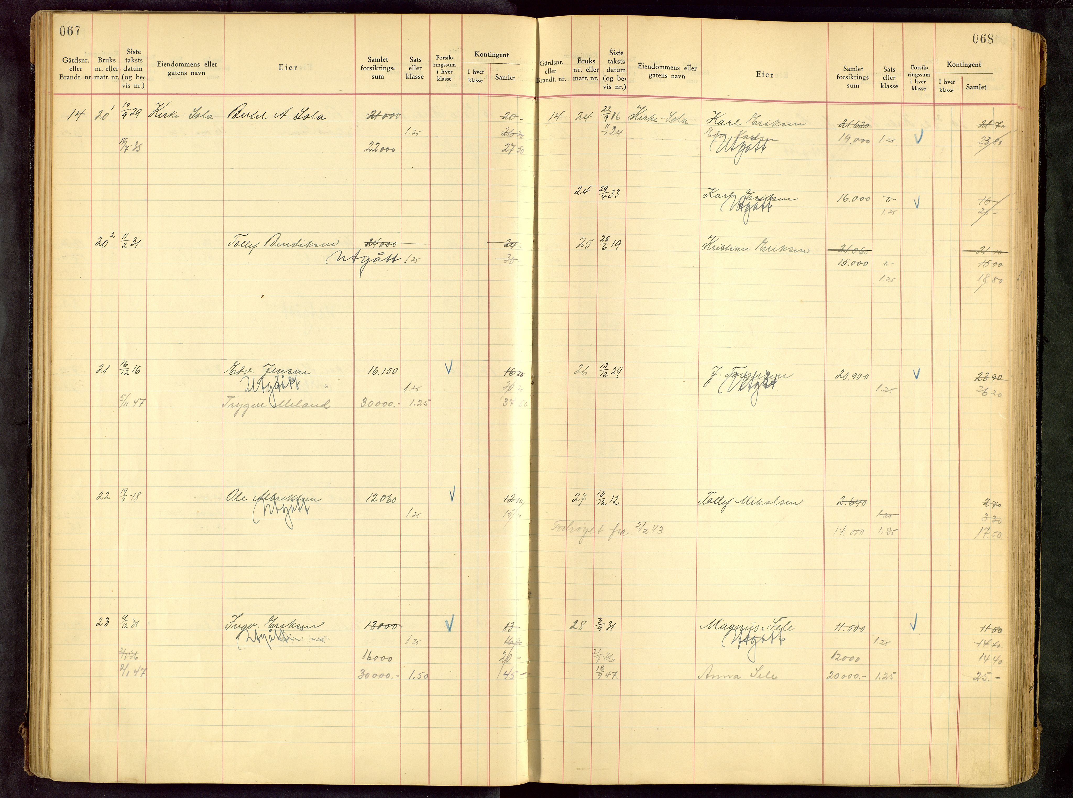 Håland lensmannskontor, SAST/A-100100/Goa/L0001: Beregningsprotokoll brannforsikring, 1932-1947, s. 67-68