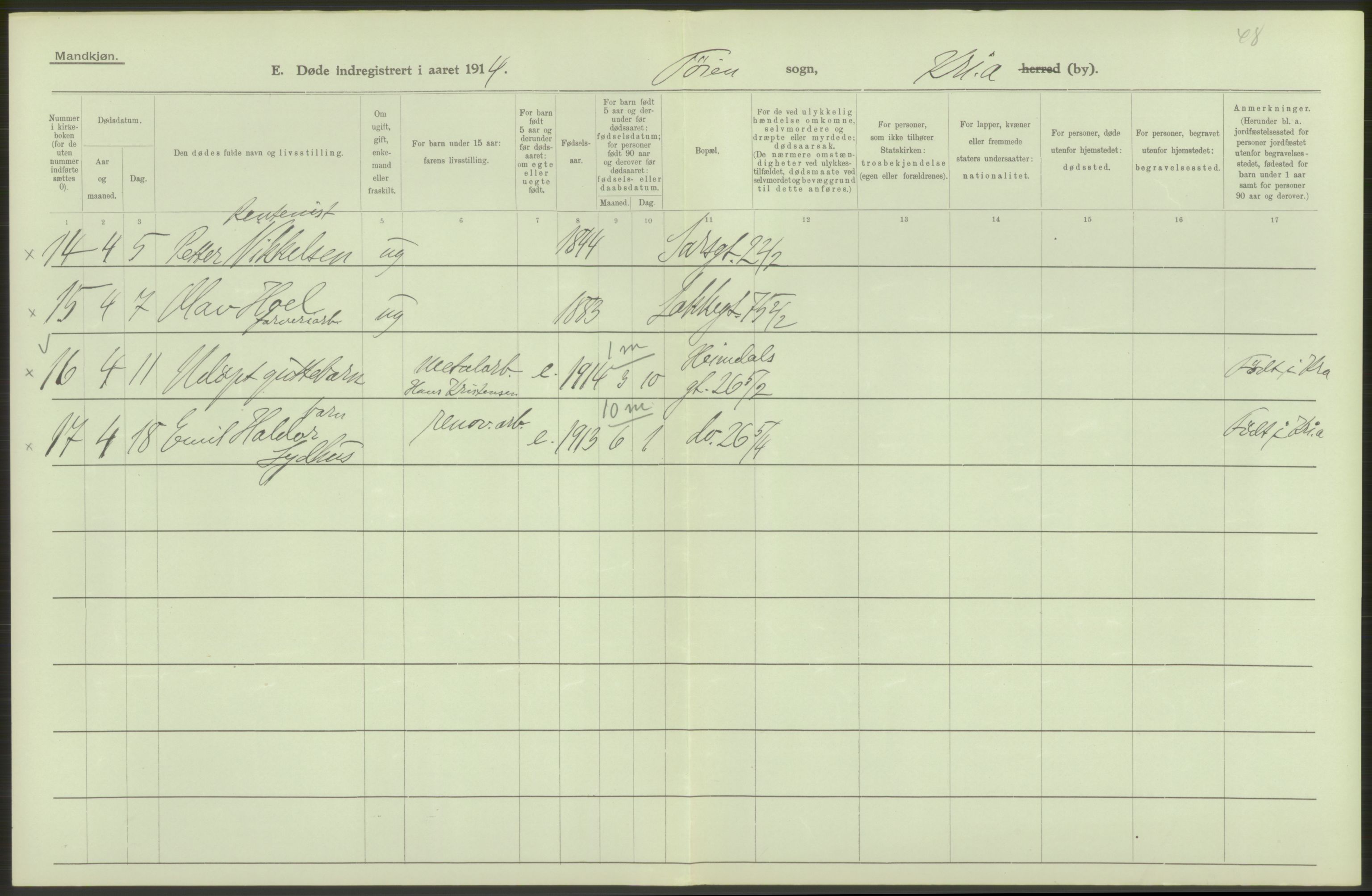 Statistisk sentralbyrå, Sosiodemografiske emner, Befolkning, AV/RA-S-2228/D/Df/Dfb/Dfbd/L0008: Kristiania: Døde, 1914, s. 84