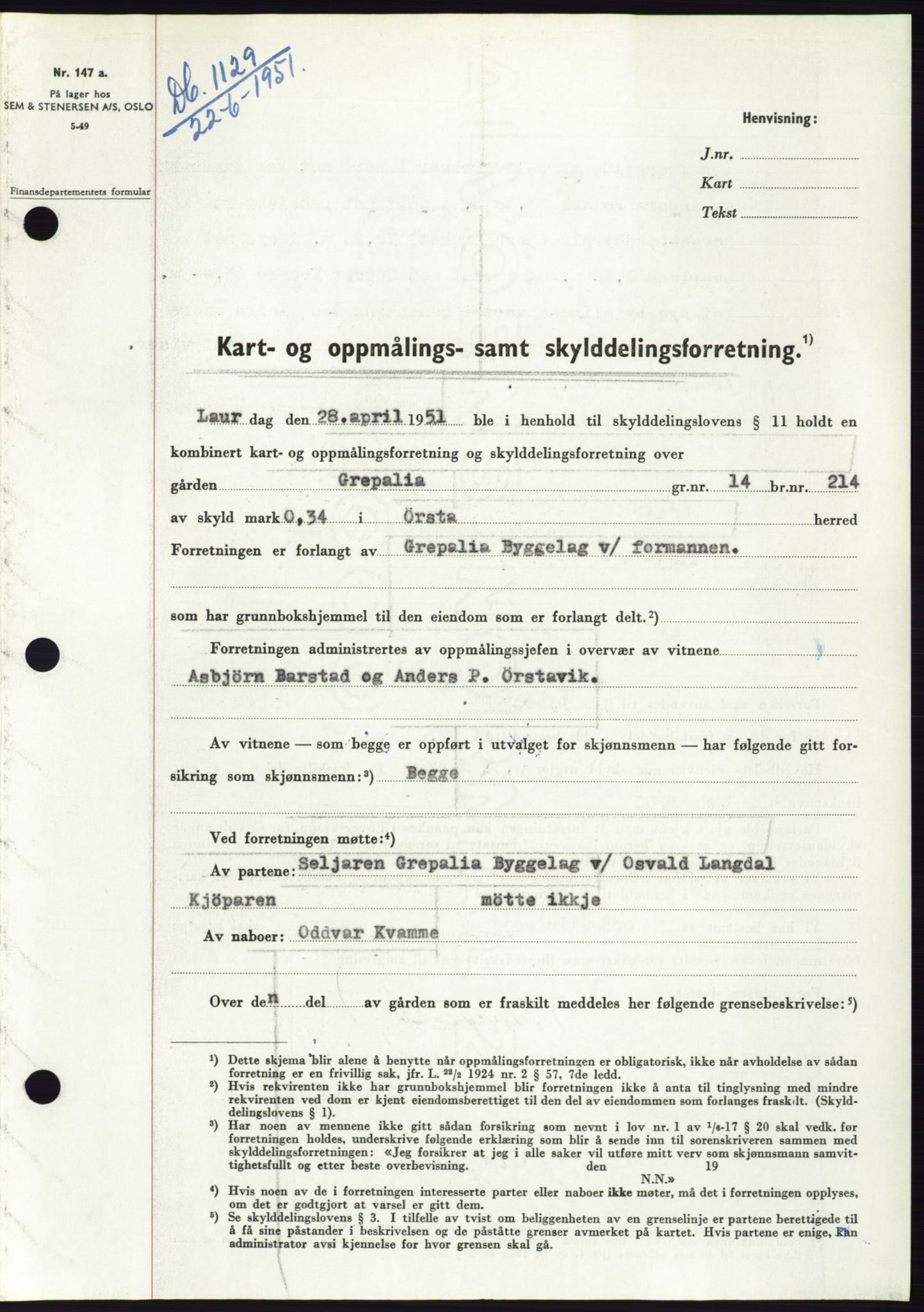 Søre Sunnmøre sorenskriveri, SAT/A-4122/1/2/2C/L0089: Pantebok nr. 15A, 1951-1951, Dagboknr: 1129/1951