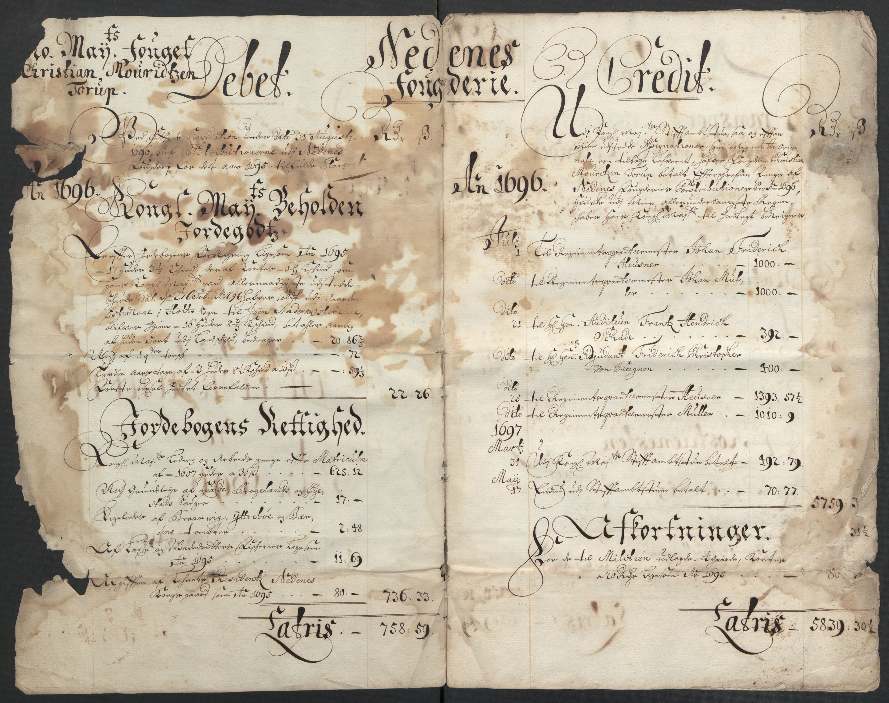 Rentekammeret inntil 1814, Reviderte regnskaper, Fogderegnskap, AV/RA-EA-4092/R39/L2313: Fogderegnskap Nedenes, 1696-1697, s. 4