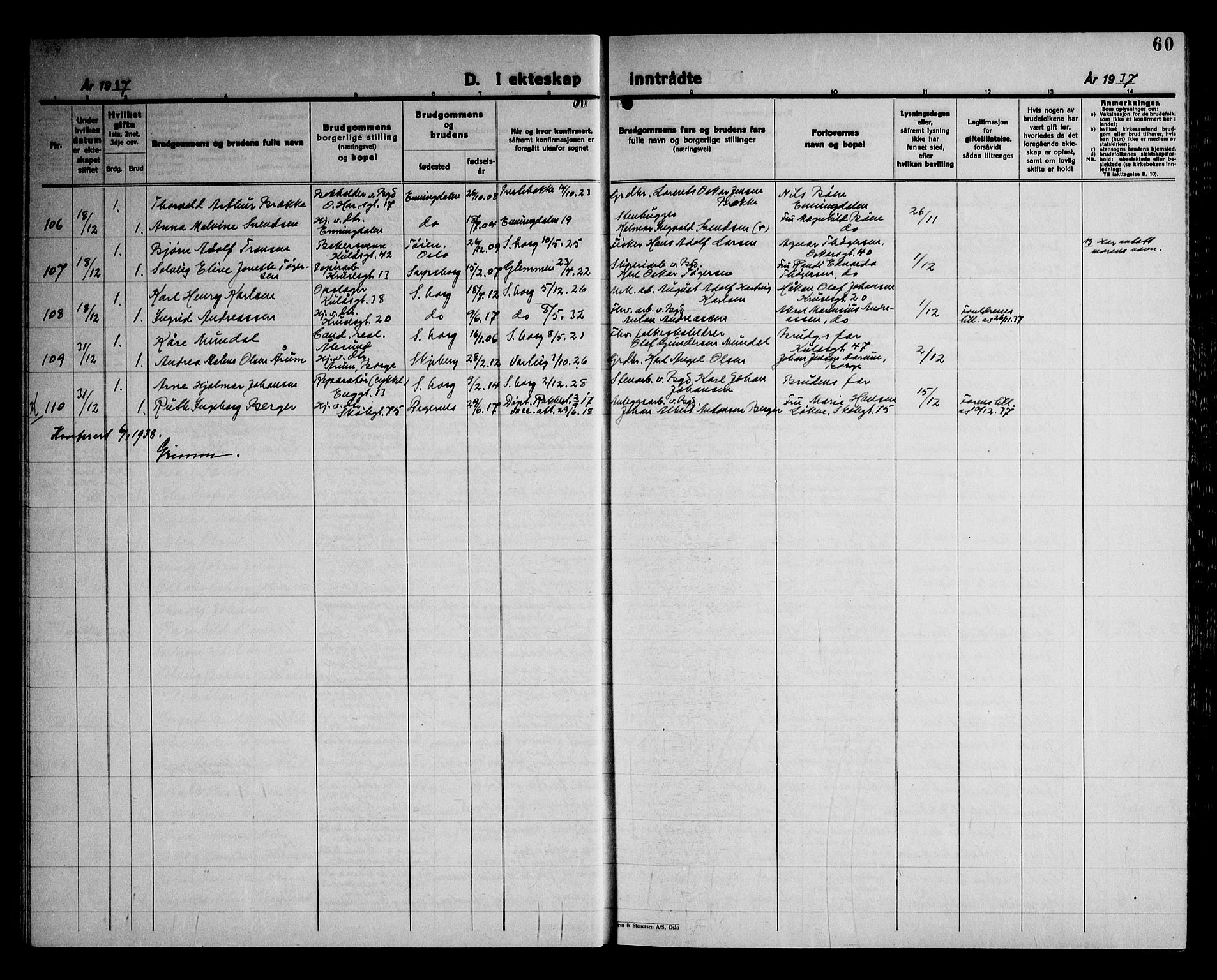 Sarpsborg prestekontor Kirkebøker, SAO/A-2006/G/Ga/L0004: Klokkerbok nr. 4, 1929-1949, s. 60