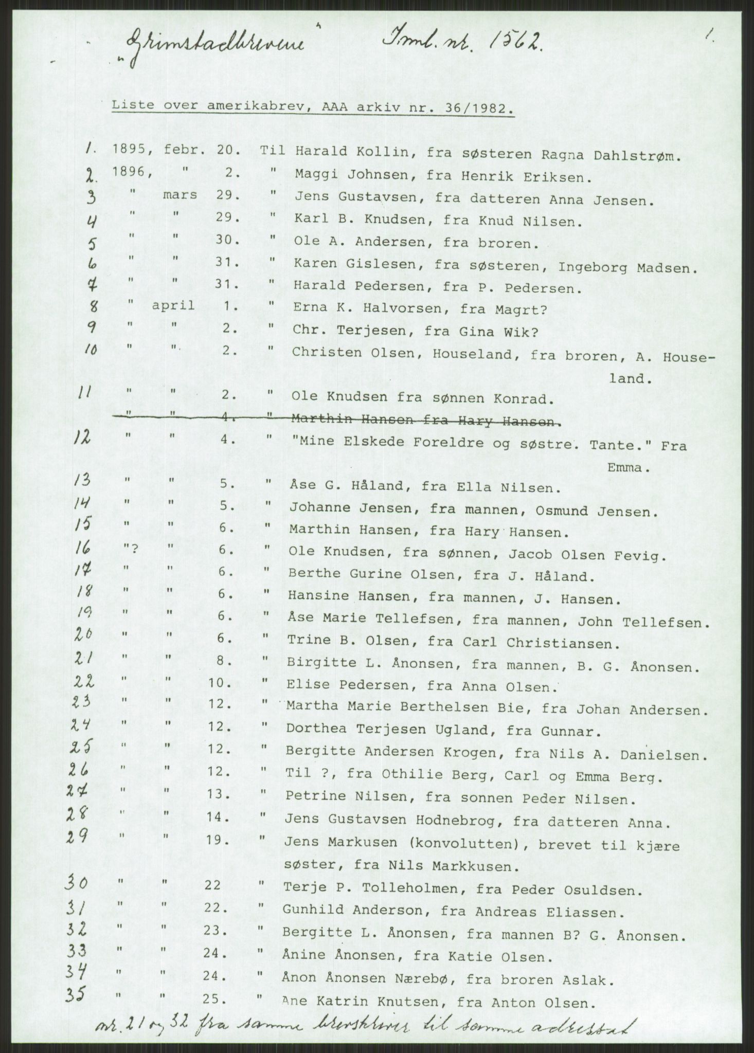 Samlinger til kildeutgivelse, Amerikabrevene, AV/RA-EA-4057/F/L0025: Innlån fra Aust-Agder: Aust-Agder-Arkivet, Grimstadbrevene, 1838-1914, s. 9