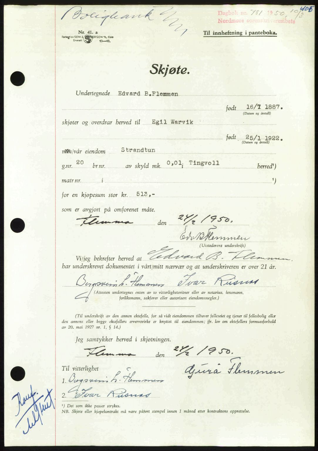 Nordmøre sorenskriveri, AV/SAT-A-4132/1/2/2Ca: Pantebok nr. A114, 1950-1950, Dagboknr: 781/1950