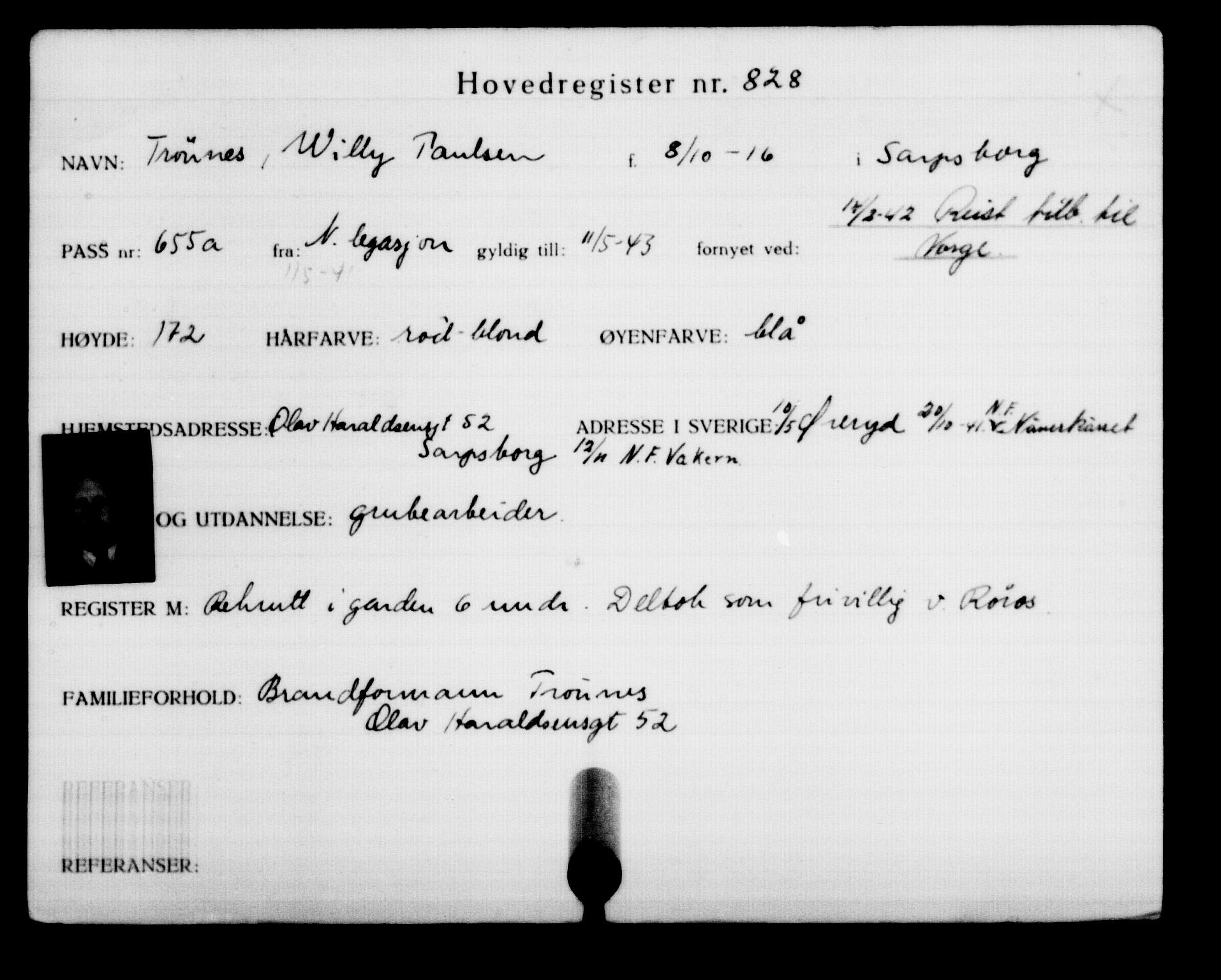 Utenriksstasjonene, Legasjonen i Stockholm, Flyktningkontoret, AV/RA-S-6753/V/Va/L0001: Kjesäterkartoteket, flyktninger med registreringsnr. 1-1000, 1940-1945, s. 1310
