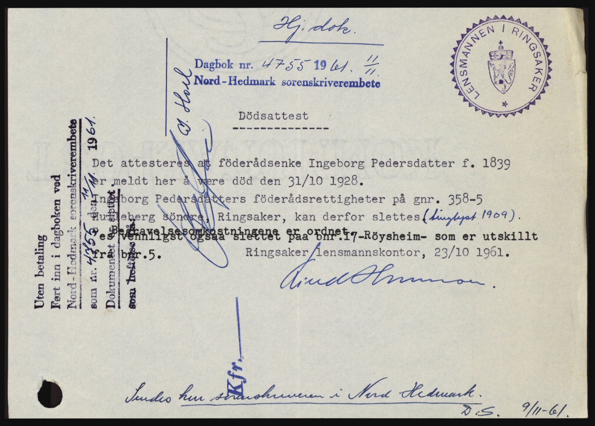 Nord-Hedmark sorenskriveri, SAH/TING-012/H/Hc/L0015: Pantebok nr. 15, 1961-1961, Dagboknr: 4755/1961