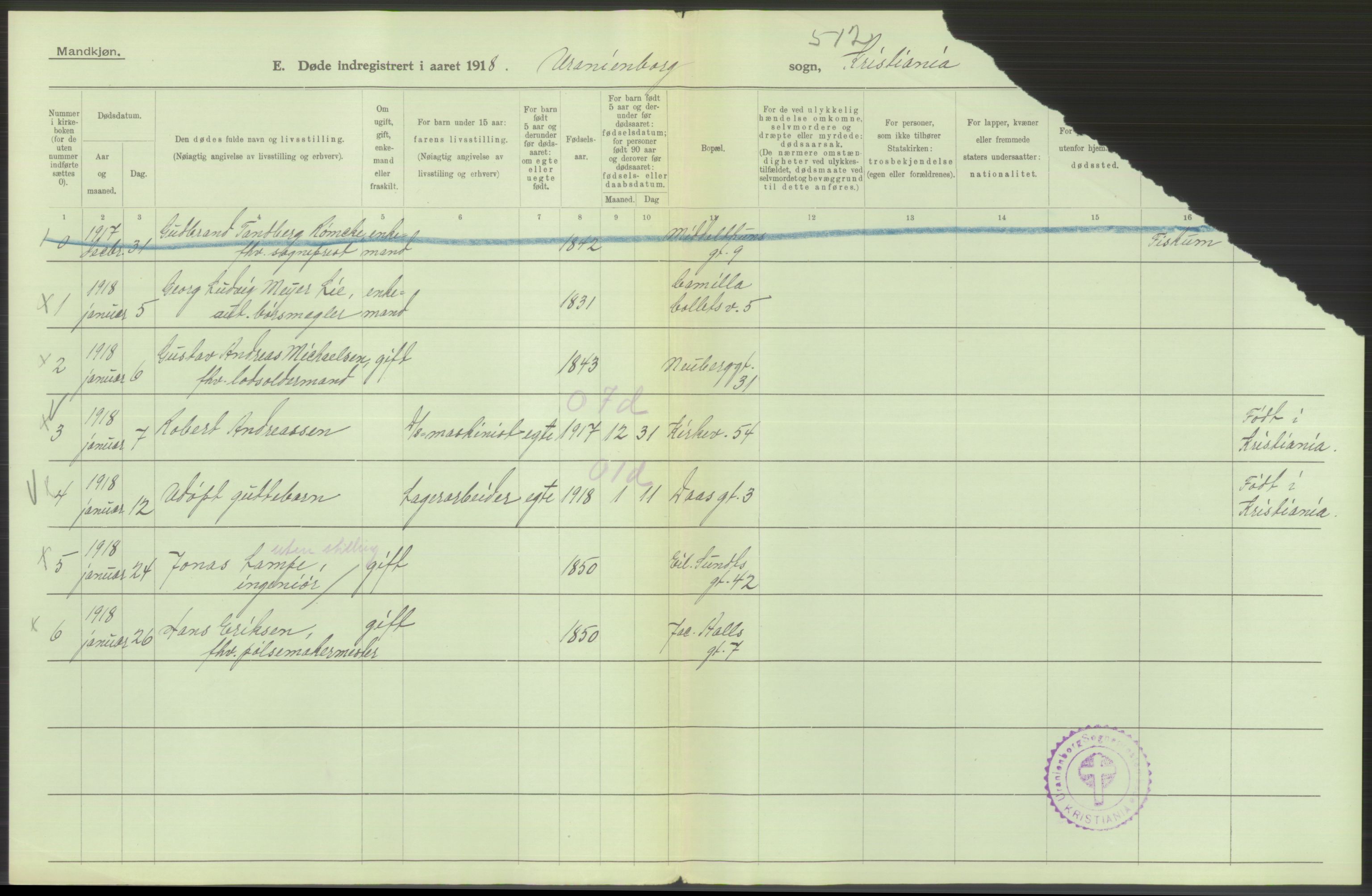 Statistisk sentralbyrå, Sosiodemografiske emner, Befolkning, RA/S-2228/D/Df/Dfb/Dfbh/L0010: Kristiania: Døde, 1918, s. 182