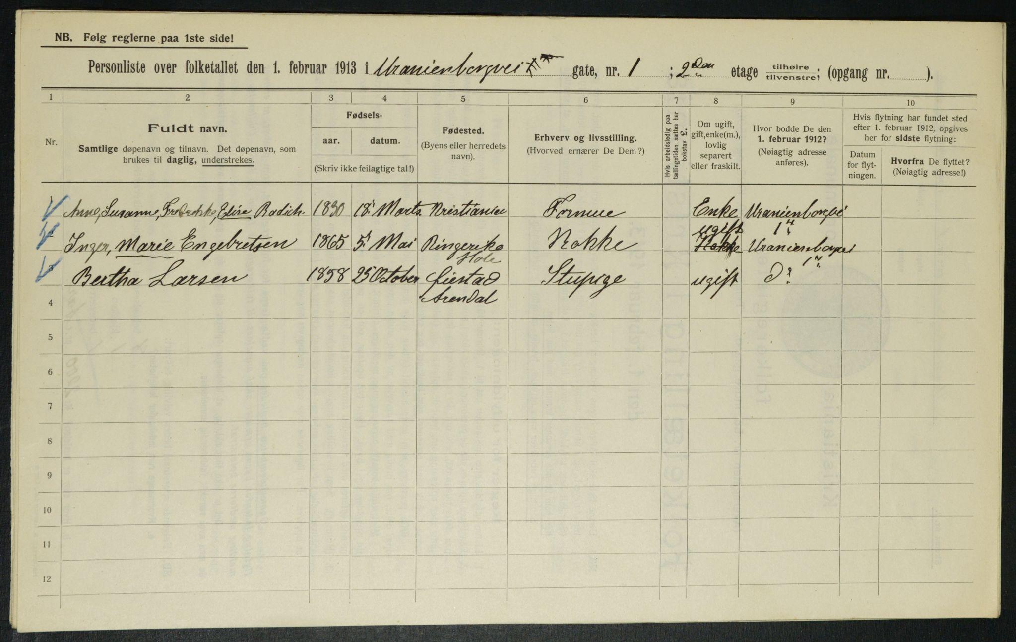 OBA, Kommunal folketelling 1.2.1913 for Kristiania, 1913, s. 120274