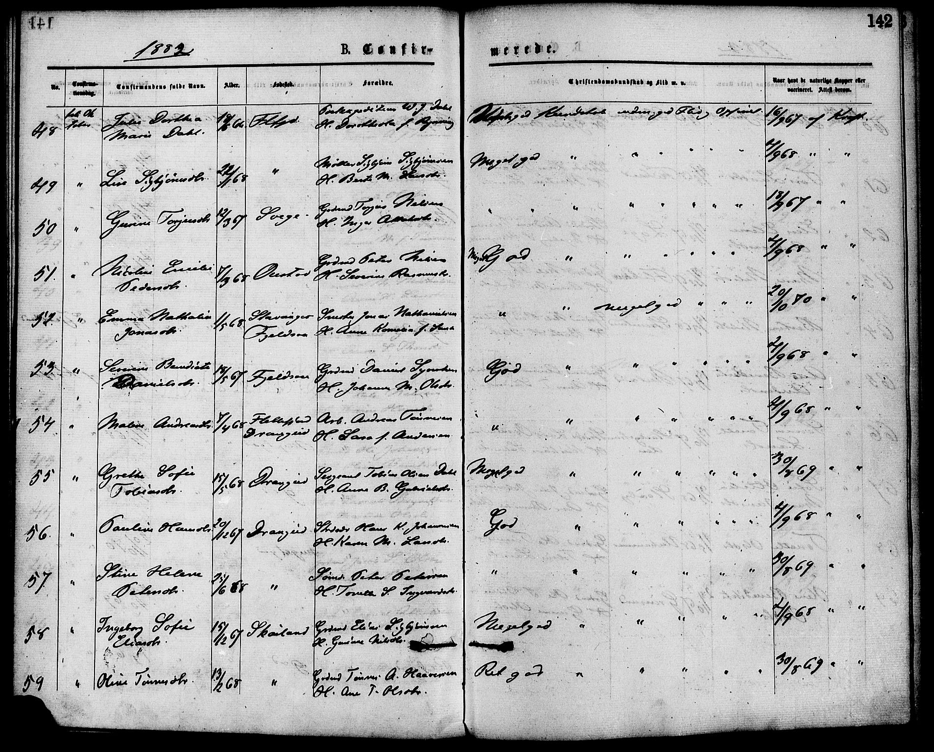Flekkefjord sokneprestkontor, AV/SAK-1111-0012/F/Fa/Fac/L0007: Ministerialbok nr. A 7, 1875-1885, s. 142