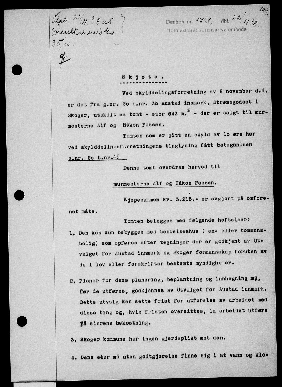 Holmestrand sorenskriveri, SAKO/A-67/G/Ga/Gaa/L0050: Pantebok nr. A-50, 1938-1939, Dagboknr: 1768/1938