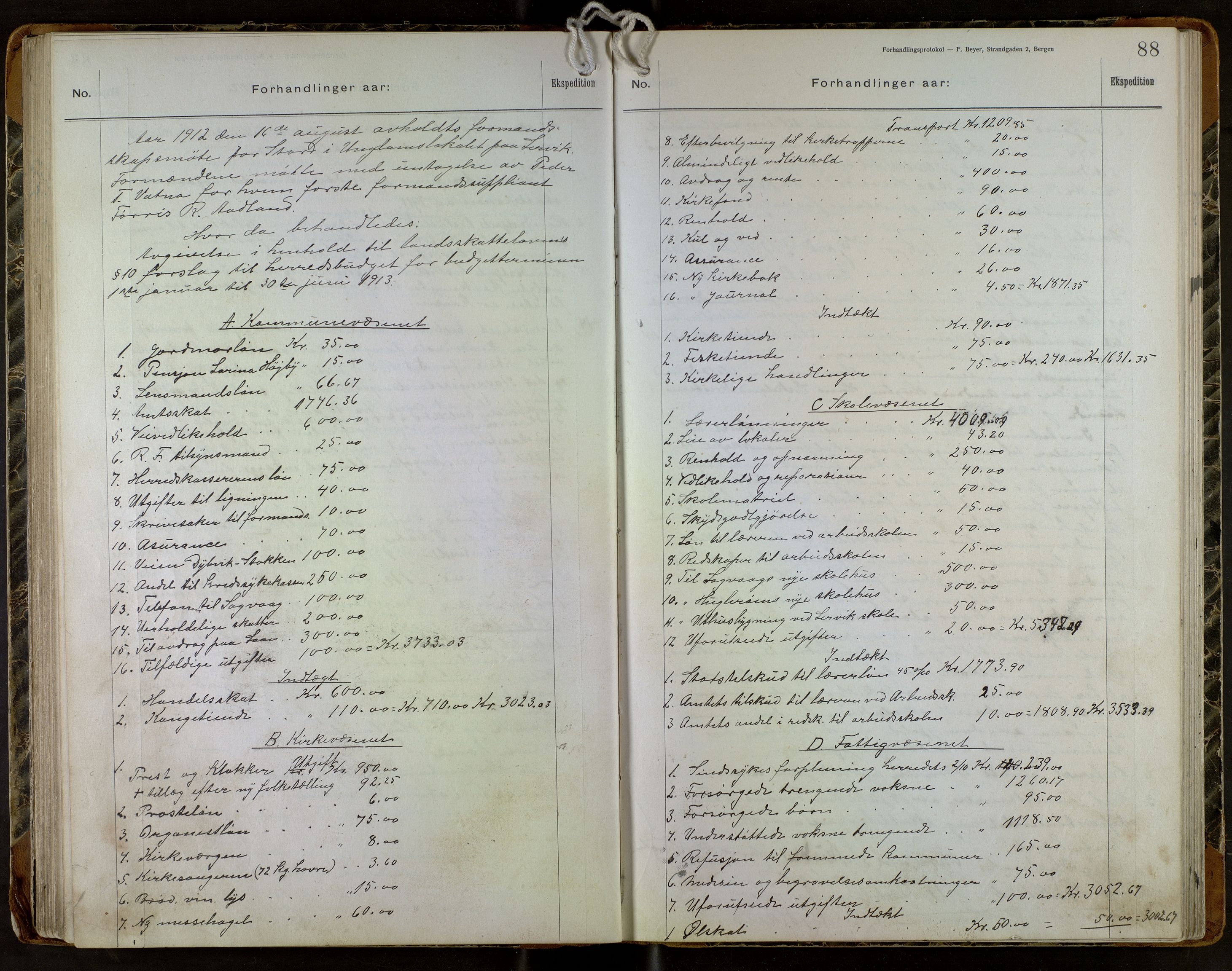 Stord kommune. Formannskapet, IKAH/1221-021/A/Aa/L0004: Møtebok for formannskapet og heradstyret , 1906-1917, s. 88