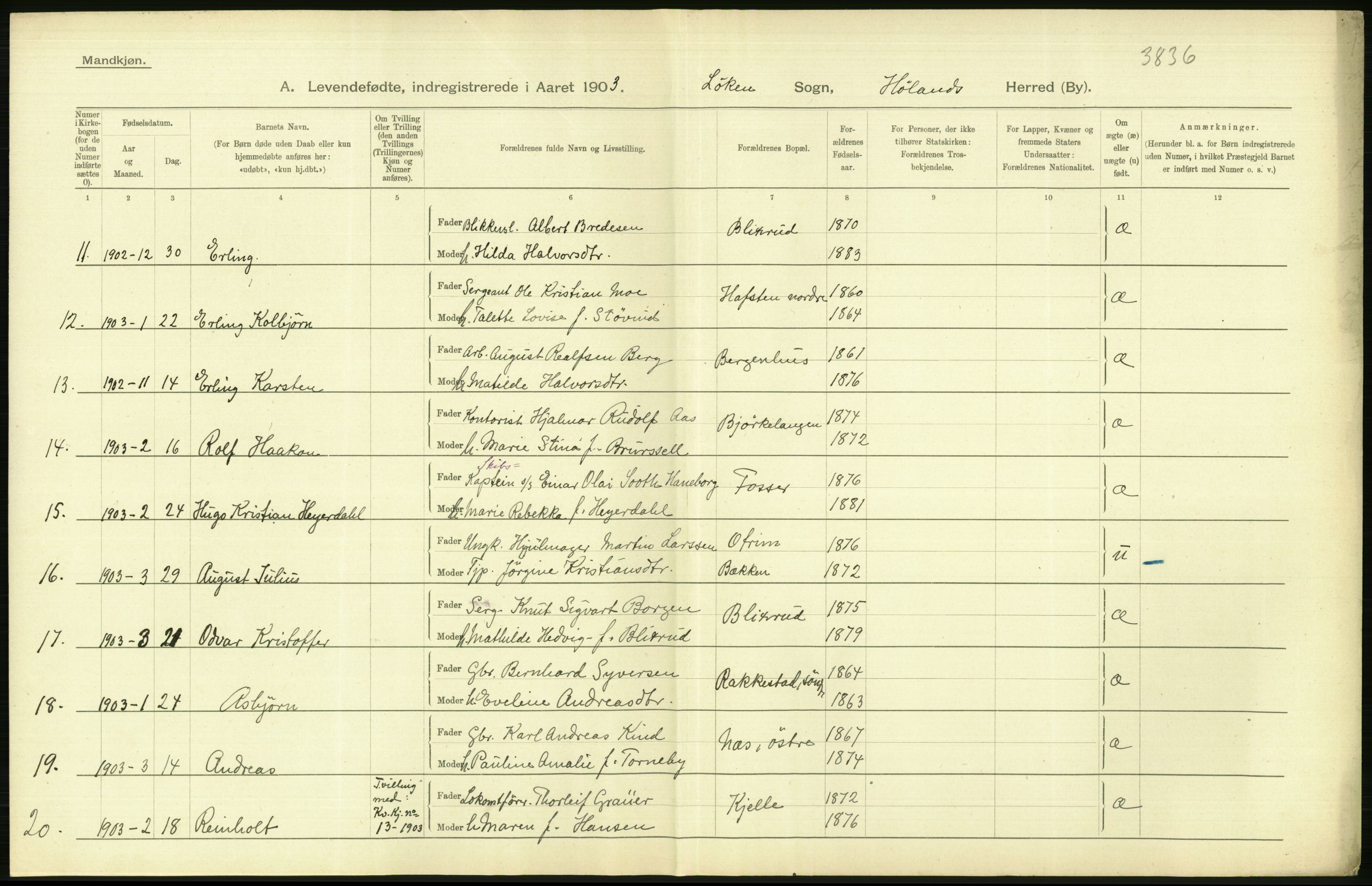 Statistisk sentralbyrå, Sosiodemografiske emner, Befolkning, AV/RA-S-2228/D/Df/Dfa/Dfaa/L0002: Akershus amt: Fødte, gifte, døde, 1903, s. 90