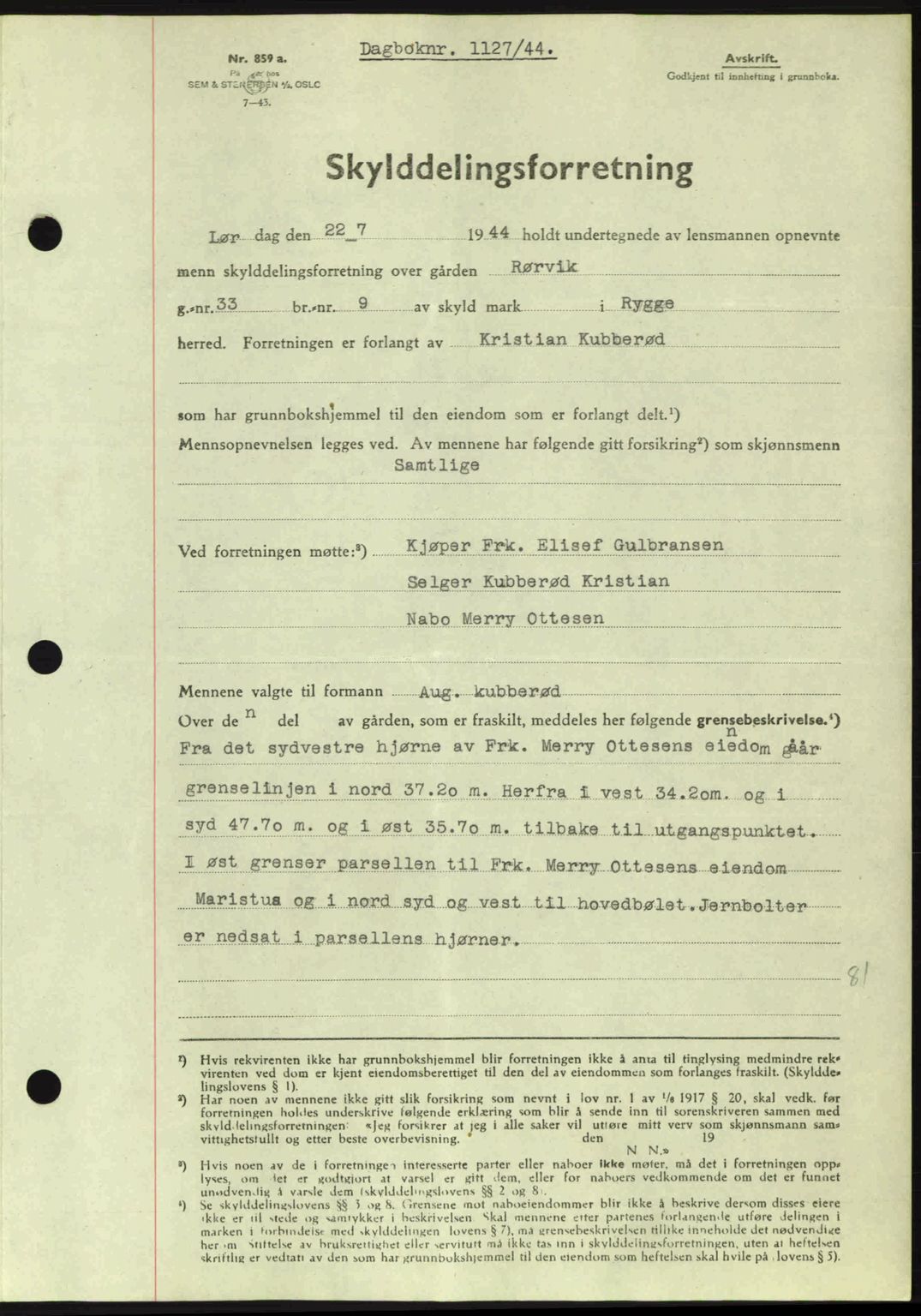 Moss sorenskriveri, SAO/A-10168: Pantebok nr. A12, 1943-1944, Dagboknr: 1127/1944
