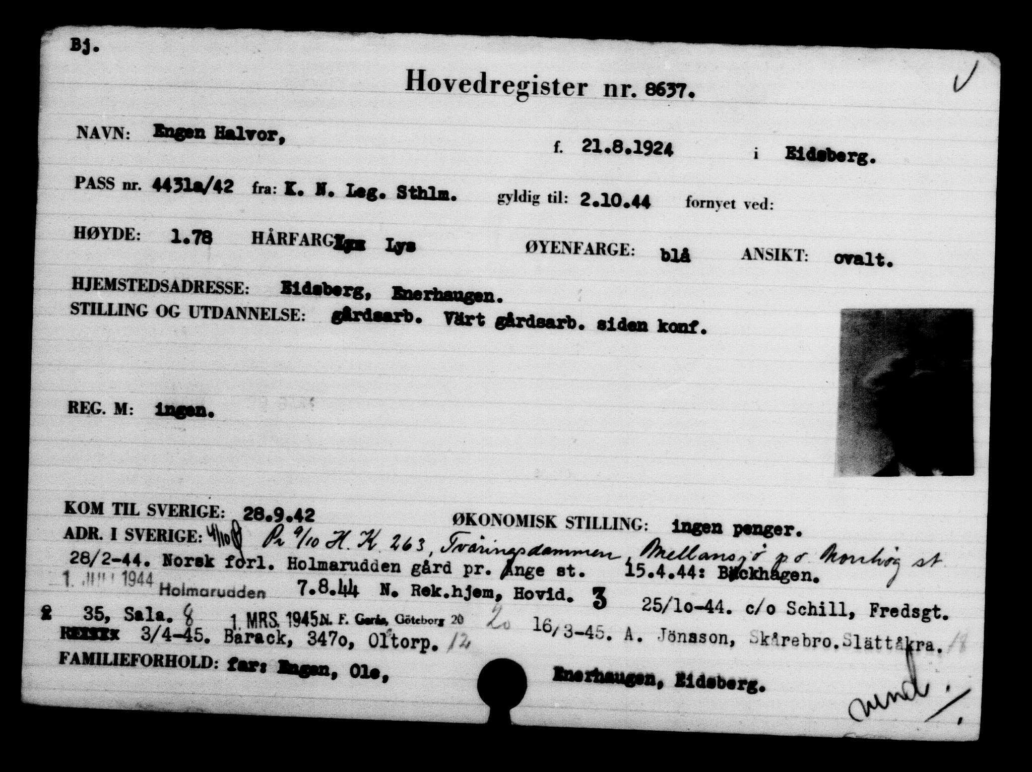Utenriksstasjonene, Legasjonen i Stockholm, Flyktningkontoret, AV/RA-S-6753/V/Va/L0005: Kjesäterkartoteket, flyktninger med registreringsnr. 6600-9417, 1940-1945, s. 2379