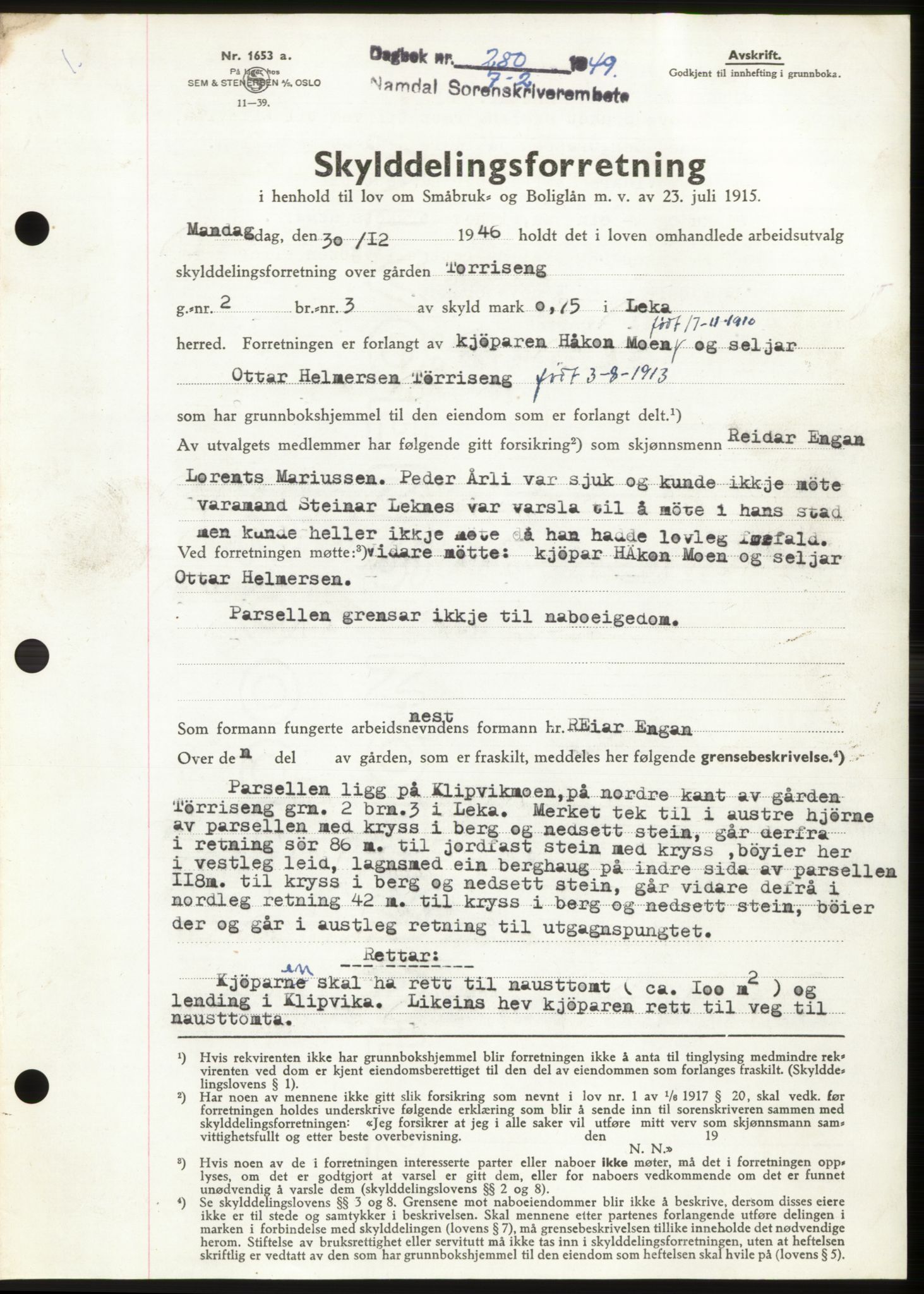 Namdal sorenskriveri, SAT/A-4133/1/2/2C: Pantebok nr. -, 1949-1949, Dagboknr: 280/1949