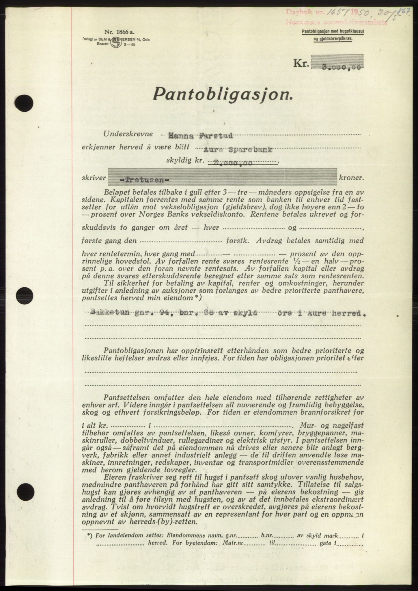 Nordmøre sorenskriveri, SAT/A-4132/1/2/2Ca: Pantebok nr. B104, 1950-1950, Dagboknr: 1657/1950