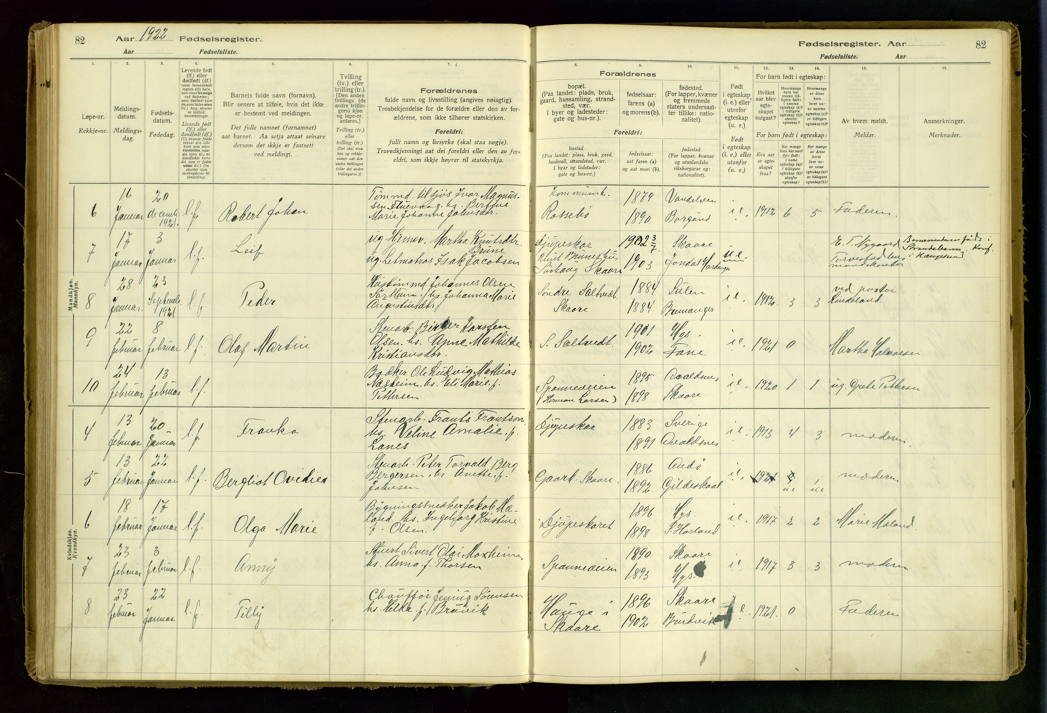 Haugesund sokneprestkontor, AV/SAST-A -101863/I/Id/L0001: Fødselsregister nr. 1, 1916-1935, s. 82