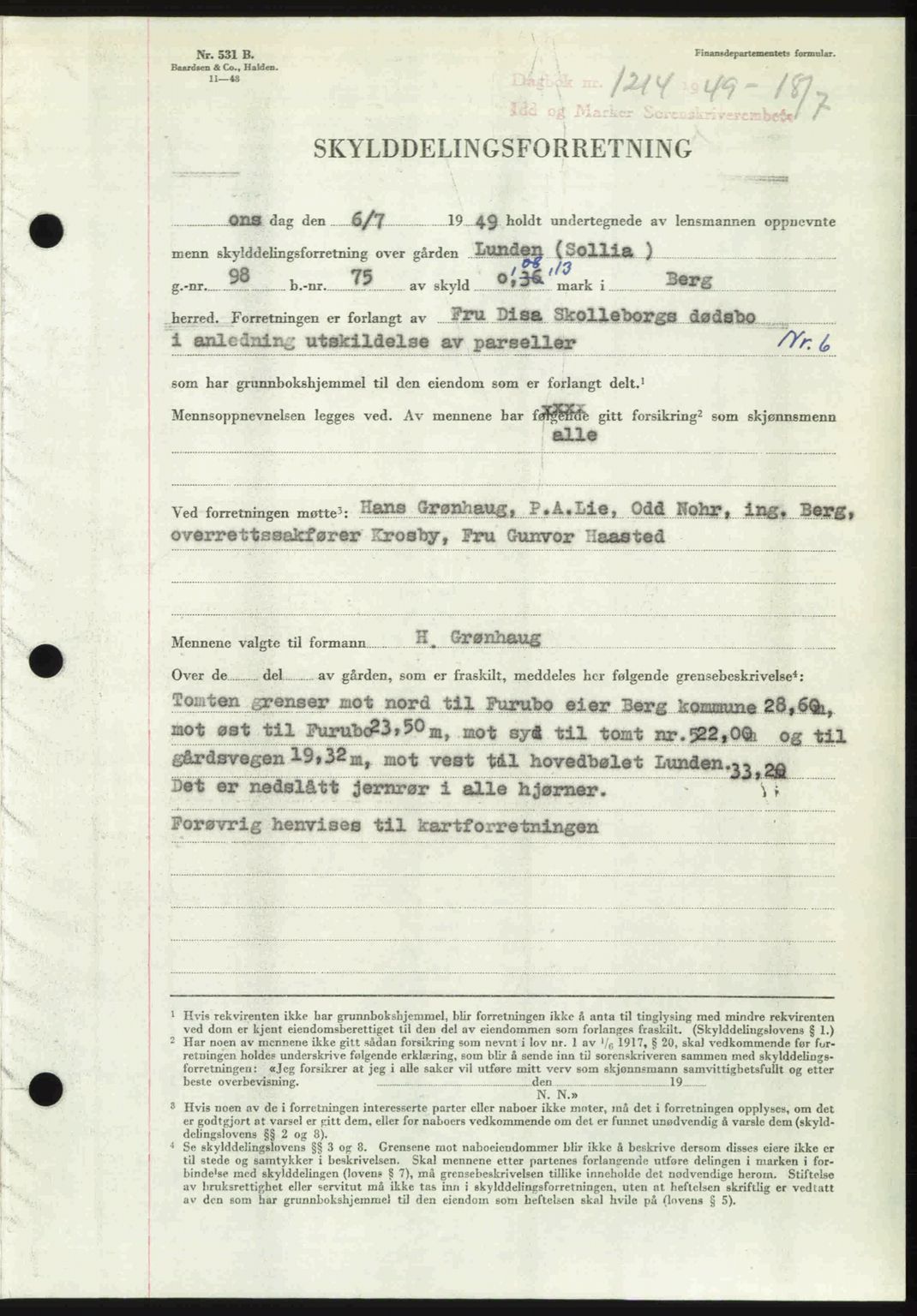 Idd og Marker sorenskriveri, SAO/A-10283/G/Gb/Gbb/L0012: Pantebok nr. A12, 1949-1949, Dagboknr: 1214/1949