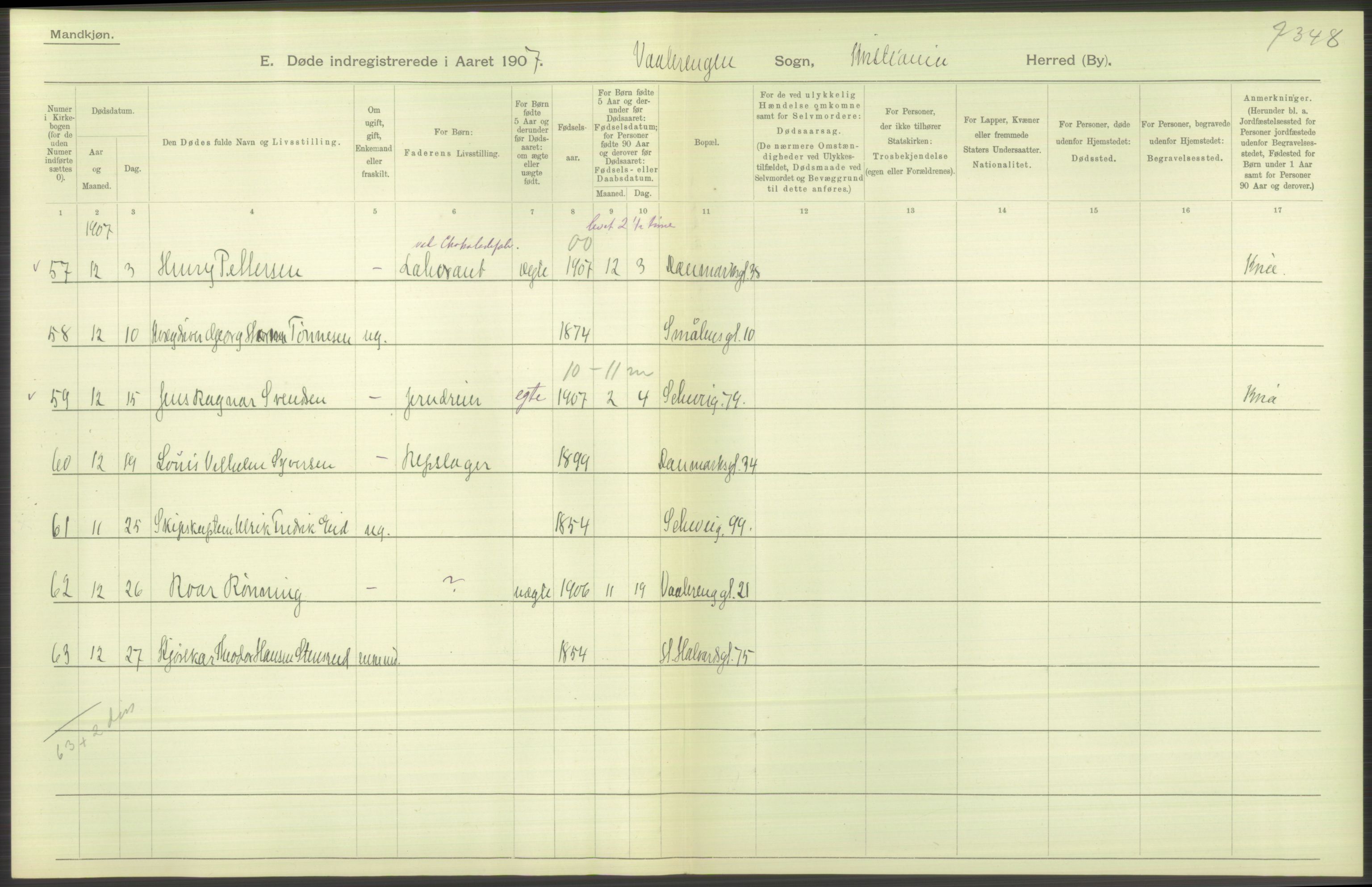 Statistisk sentralbyrå, Sosiodemografiske emner, Befolkning, AV/RA-S-2228/D/Df/Dfa/Dfae/L0009: Kristiania: Døde, 1907, s. 88