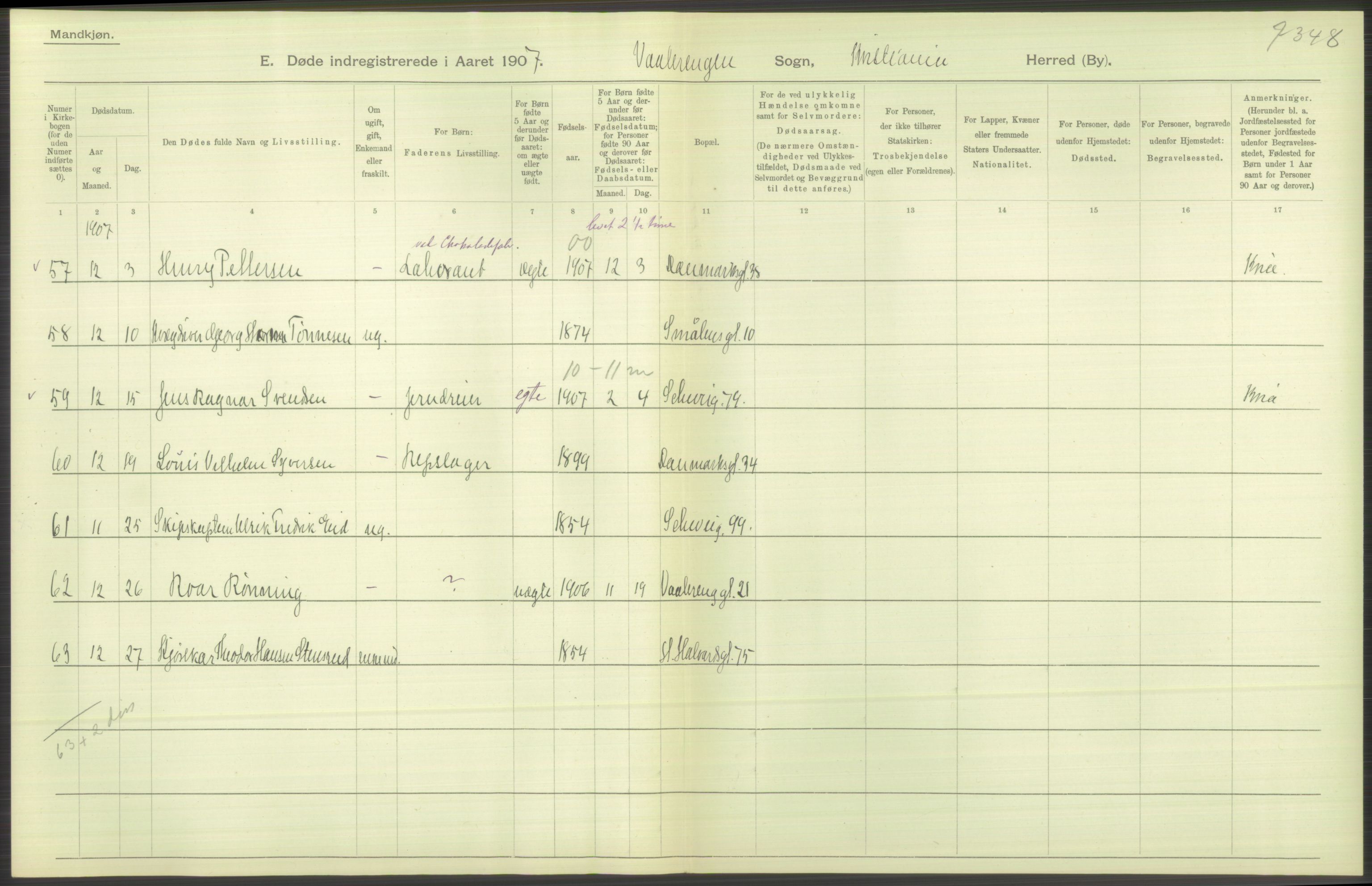 Statistisk sentralbyrå, Sosiodemografiske emner, Befolkning, RA/S-2228/D/Df/Dfa/Dfae/L0009: Kristiania: Døde, 1907, s. 88