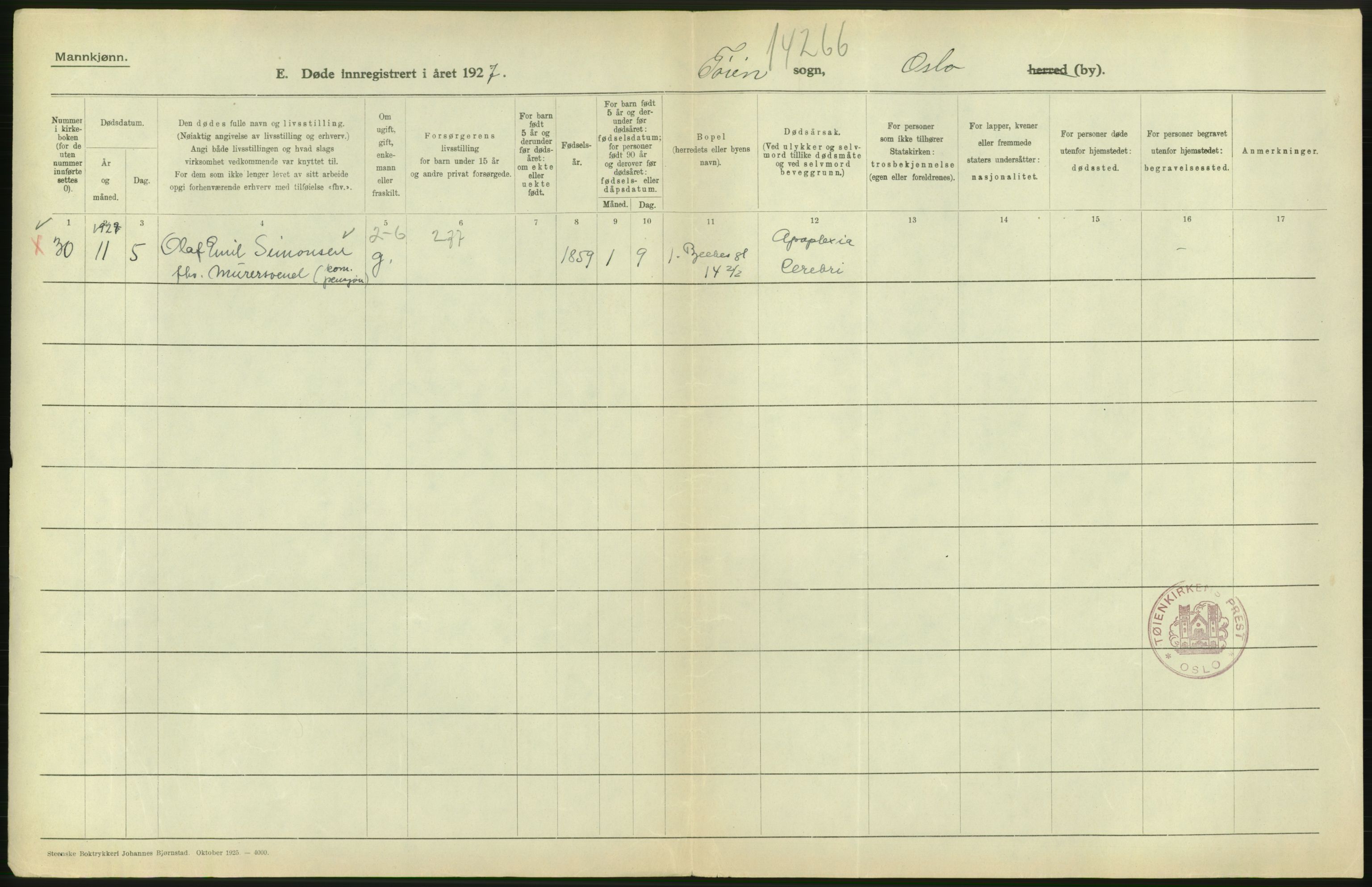 Statistisk sentralbyrå, Sosiodemografiske emner, Befolkning, AV/RA-S-2228/D/Df/Dfc/Dfcg/L0009: Oslo: Døde menn, 1927, s. 618