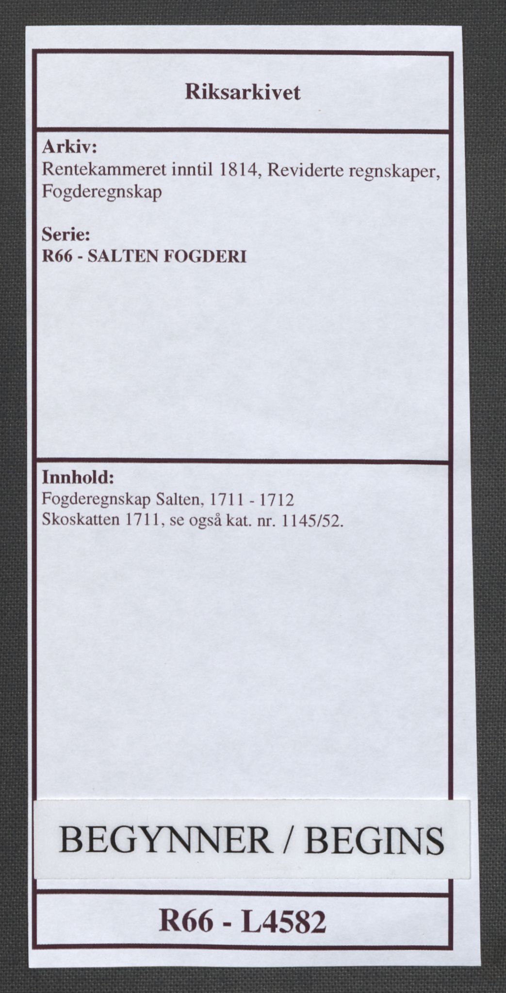 Rentekammeret inntil 1814, Reviderte regnskaper, Fogderegnskap, RA/EA-4092/R66/L4582: Fogderegnskap Salten, 1711-1712, s. 1