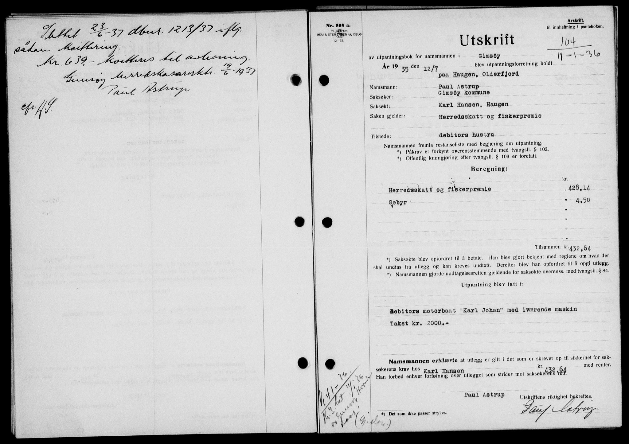 Lofoten sorenskriveri, SAT/A-0017/1/2/2C/L0033b: Pantebok nr. 33b, 1936-1936, Dagboknr: 104/1936